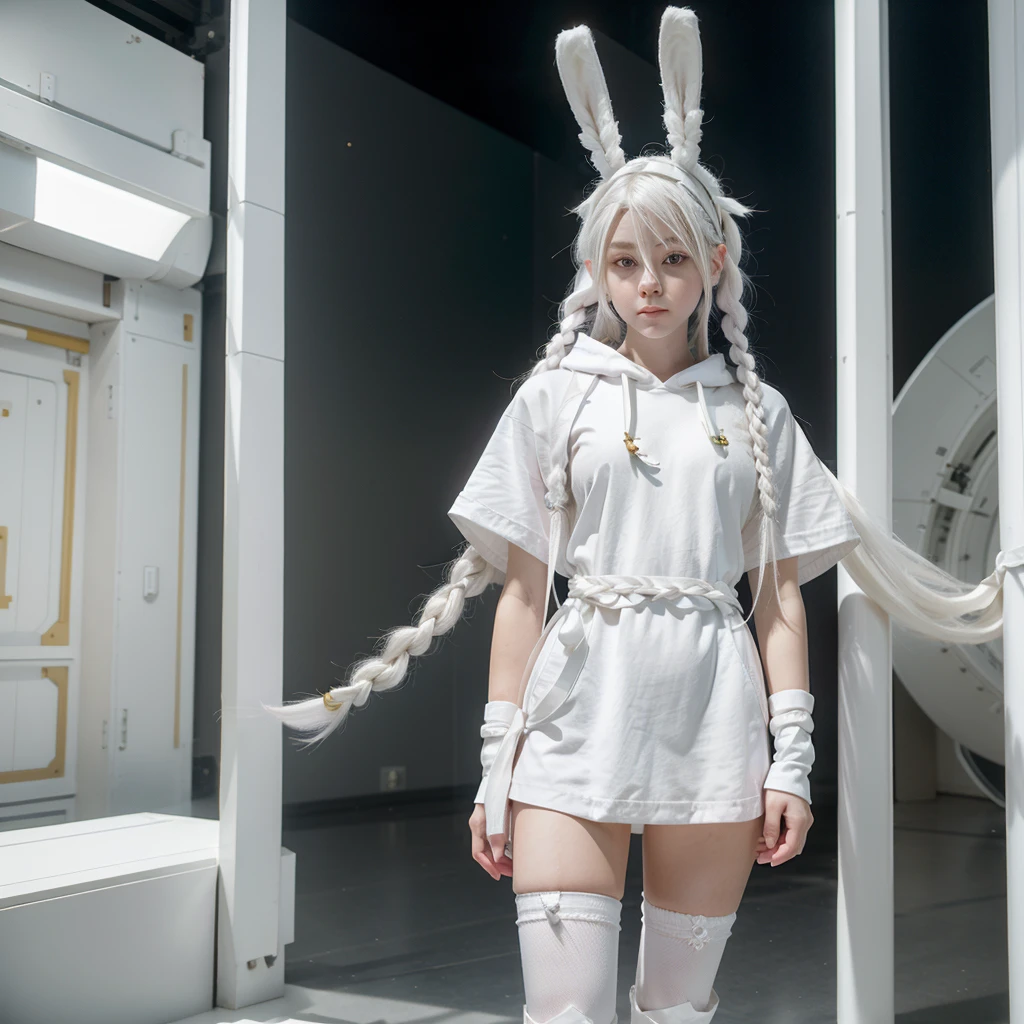 shaman girl with white hair braided in a ponytail on the left side to one side. bunny ears folded back. pale violet eyes. in short white shorts. long white T-shirt. white knee-high socks. white long robe with hood. white corridor with space stairs