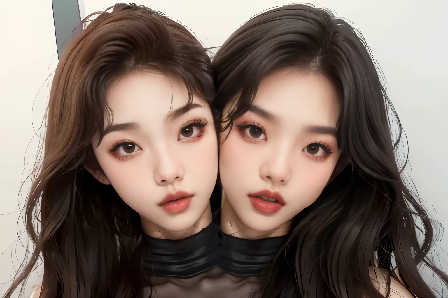 bestresolution, (2heads:1.2), two young korean teenage women, kpop stars, with long hair and bangs posing for a picture, lalisa manobal, jossi of blackpink, blackpink jennie, blackpink, portrait of jossi of blackpink, lalisa manoban of blackpink, roseanne park of blackpink, popular south korean makeup, both have red lips, nixeu and sakimichan, popular korean makeup, inspired by Wang Duo