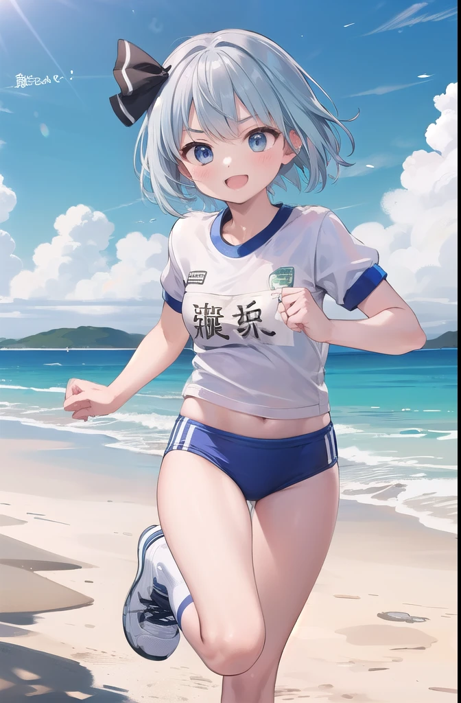 (((((whole body)))))、Youmu, This is a very cute gym uniform 、smile,、cowboy shot、Running on the beach、