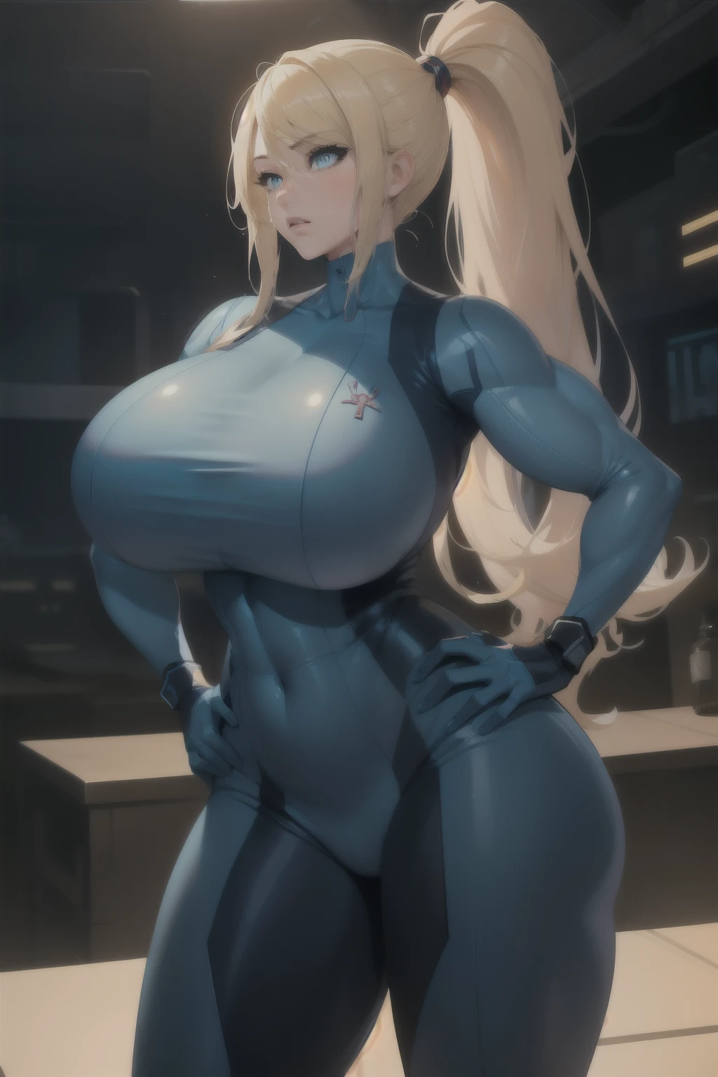 masterpiece, best quality, 1girl, (neoartcore:0.25), high quality cg defsamus, blonde hair, bodysuit, blue clothes, blue gloves, ponytail, cowboy shot, hand on hip, looking to the side, futuristic, large breasts, muscular