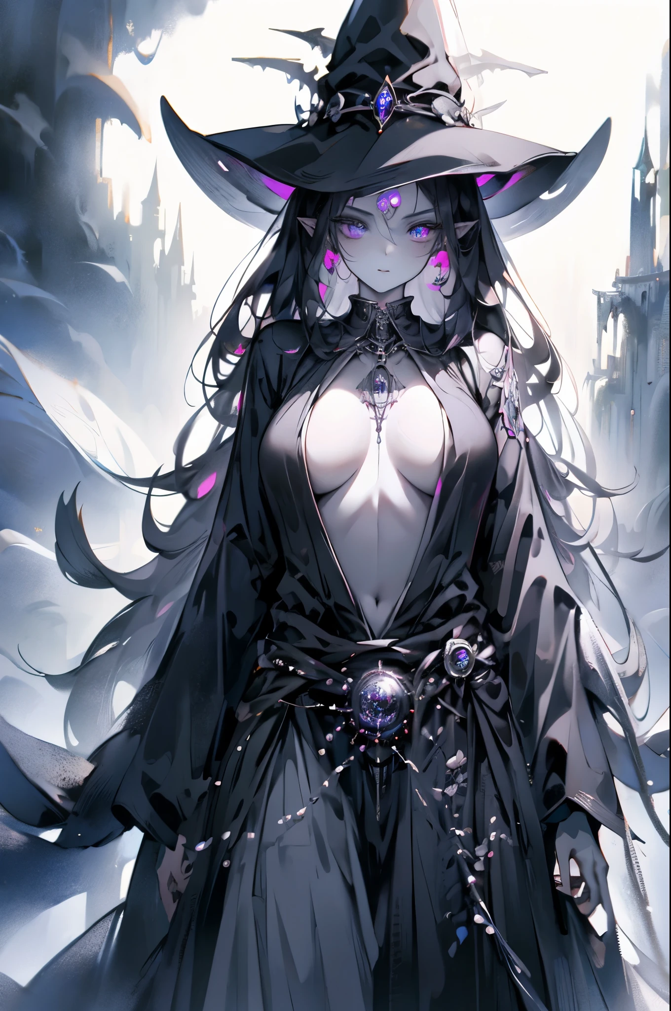 dark magic user, black holes, witch, cursed tattoo on body, robes, grey skin, close-up, fantasy art, masterpieces, solo, magical belt, void aura, mystic quality, 16k, extreme eye detail, breast expose
