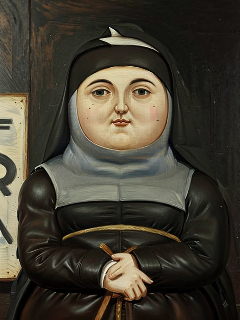 gquality, botero, nun holding a large wooden sign above his head