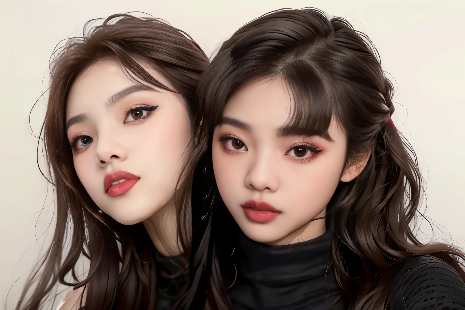 bestresolution, (2heads:1.2), two young women with long hair and bangs posing for a picture, lalisa manobal, jossi of blackpink, blackpink jennie, blackpink, portrait of jossi of blackpink, lalisa manoban of blackpink, roseanne park of blackpink, popular south korean makeup, both have red lips, nixeu and sakimichan, popular korean makeup, inspired by Wang Duo