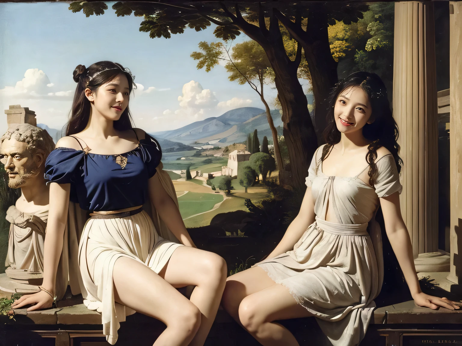 full body portrait or statue、Giorgione painting style,Arguments of two female Philosophe,math、astronomical machine、astronaut、roses in vase、fruits、Cute trinkets、smile、ancient greek costume、Ancient Roman landscape in the style of Nicolas Poussin,laughter,,Sweet and seductive appearance.、Caravaggio's paintings、Chiaroscuro of Caravaggio、hair tousled by the wind,Two women frolicking,cute smile, expression of ecstasy,Sexy,??????