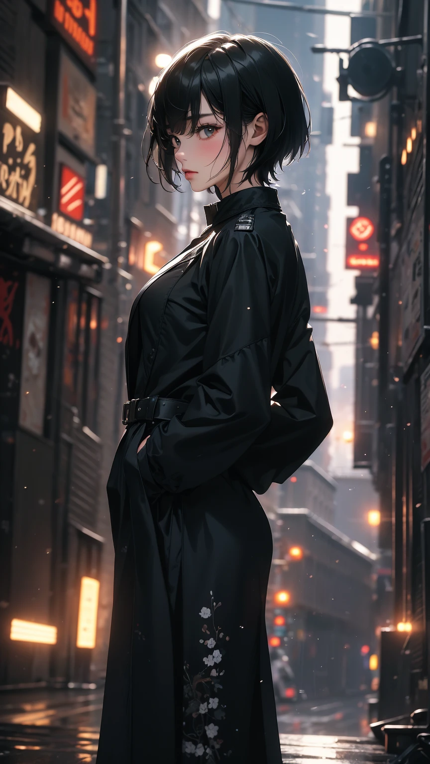 ((Highly detailed CG unit 8k wallpaper, masterpiece, High resolution, highest quality, highest qualityのリアルテクスチャスキン)), ((Upper body, Hands in pockets pose:1.3, fashion model pose, A cool New York fashion girl influenced by the stark and inorganic fashion, detailed costume:1.2, Coordination of black lace layered maxi skirt and military jacket:1.3, Asymmetrical short hair with shaved sides:1.3, Nana Komatsu)), (((blurred background, An empty back alley in New York where black and white graffiti art shines))), hyper realistic, digital painting, concept art,
