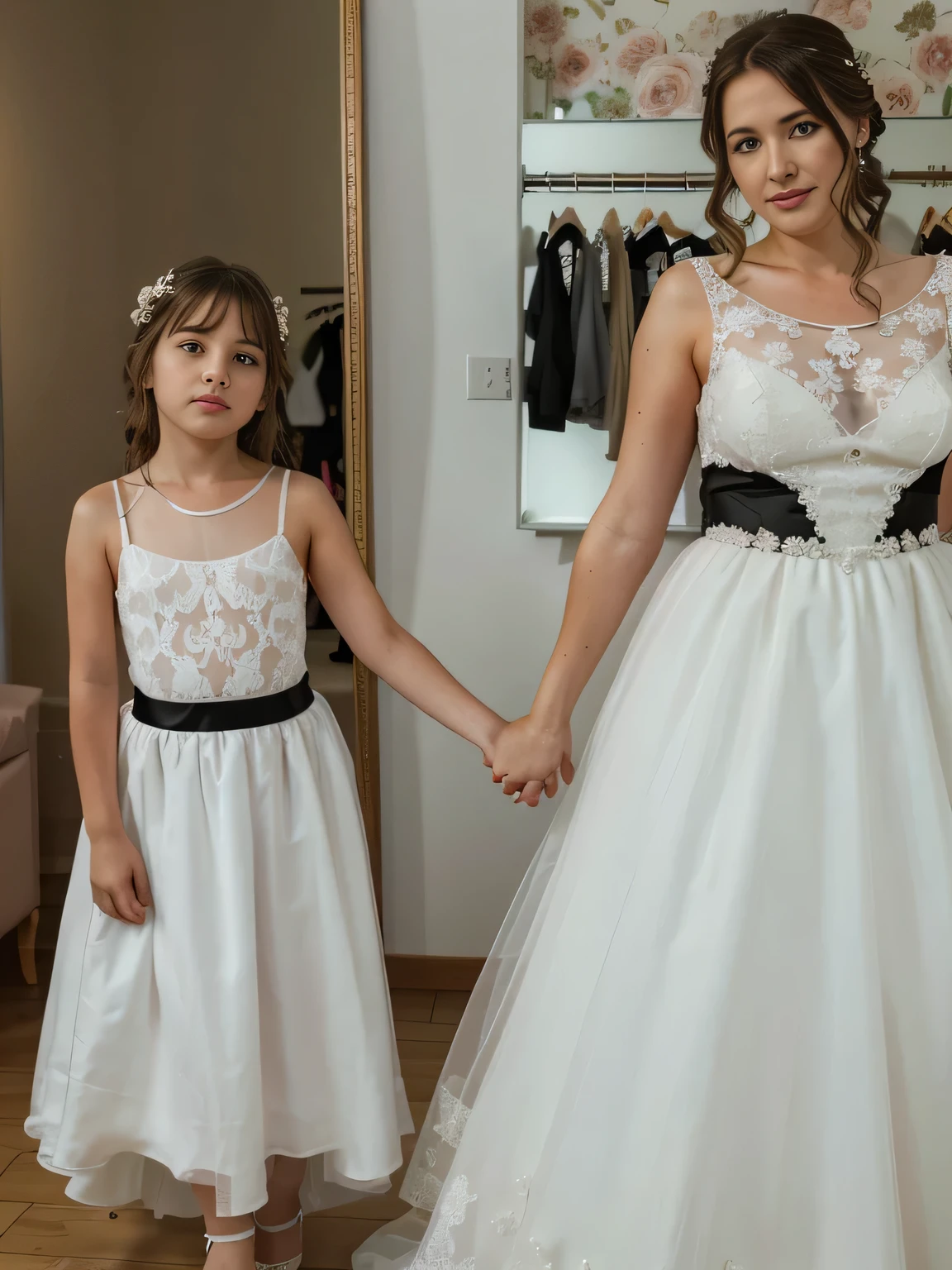 Bride and flower girl holding hands in front of the mirror, topless , schwarze high Heels, unterer Winkel, michal, professionell nachbearbeitet, professionell nachbearbeitet, Foto aufgenommen mit Nikon D750, Foto aufgenommen mit Nikon D 7 5 0, by Henryka Beyer