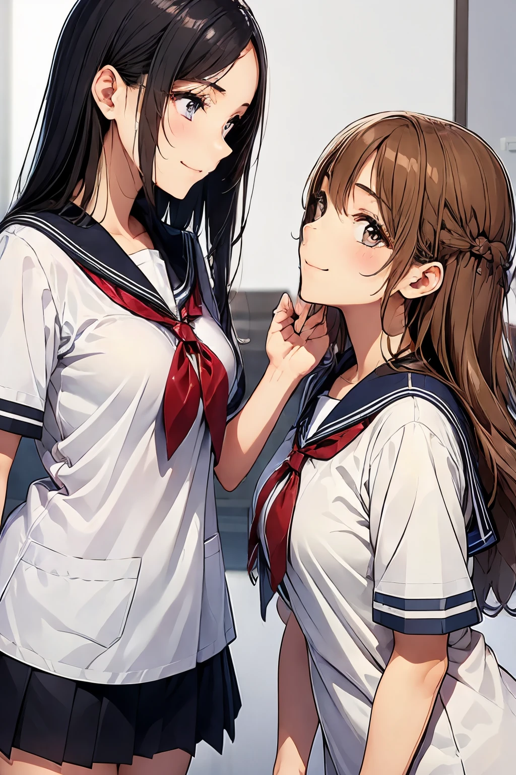 Two high school girls kissing、seductive smile、Bed in the school nurse&#39;s room