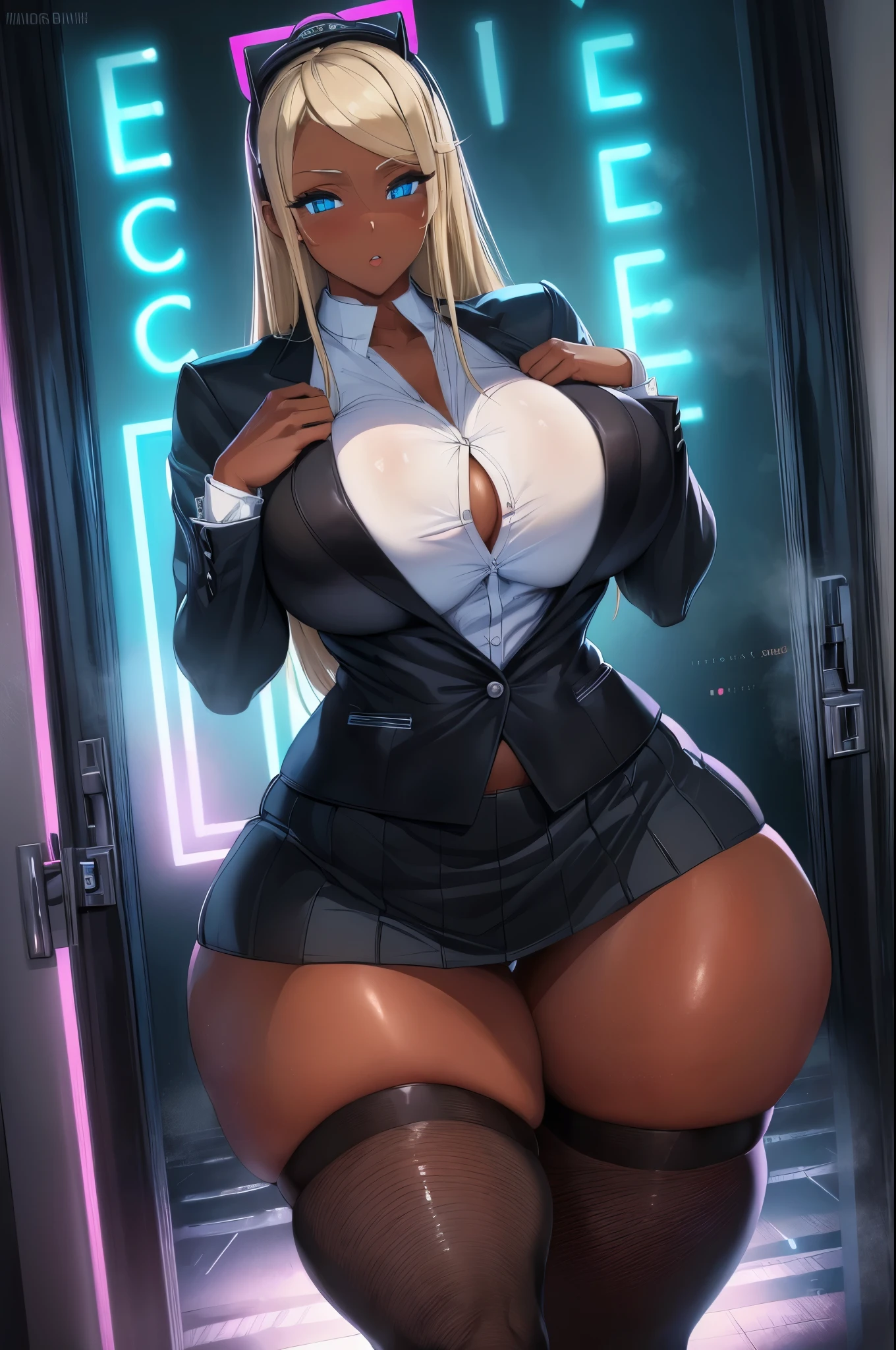 (masterpiece, highest quality, ultra high resolution),1 girl, Improve, dark brown skin, blue eyes, blonde hair, big breasts, thick thighs, princess cut, Black Office Jacket, white shirt, black office skirt and black stockings, Beautiful and dense face, fine eyes, detailed nose, Cyberpunk city at night with fog and neon lights