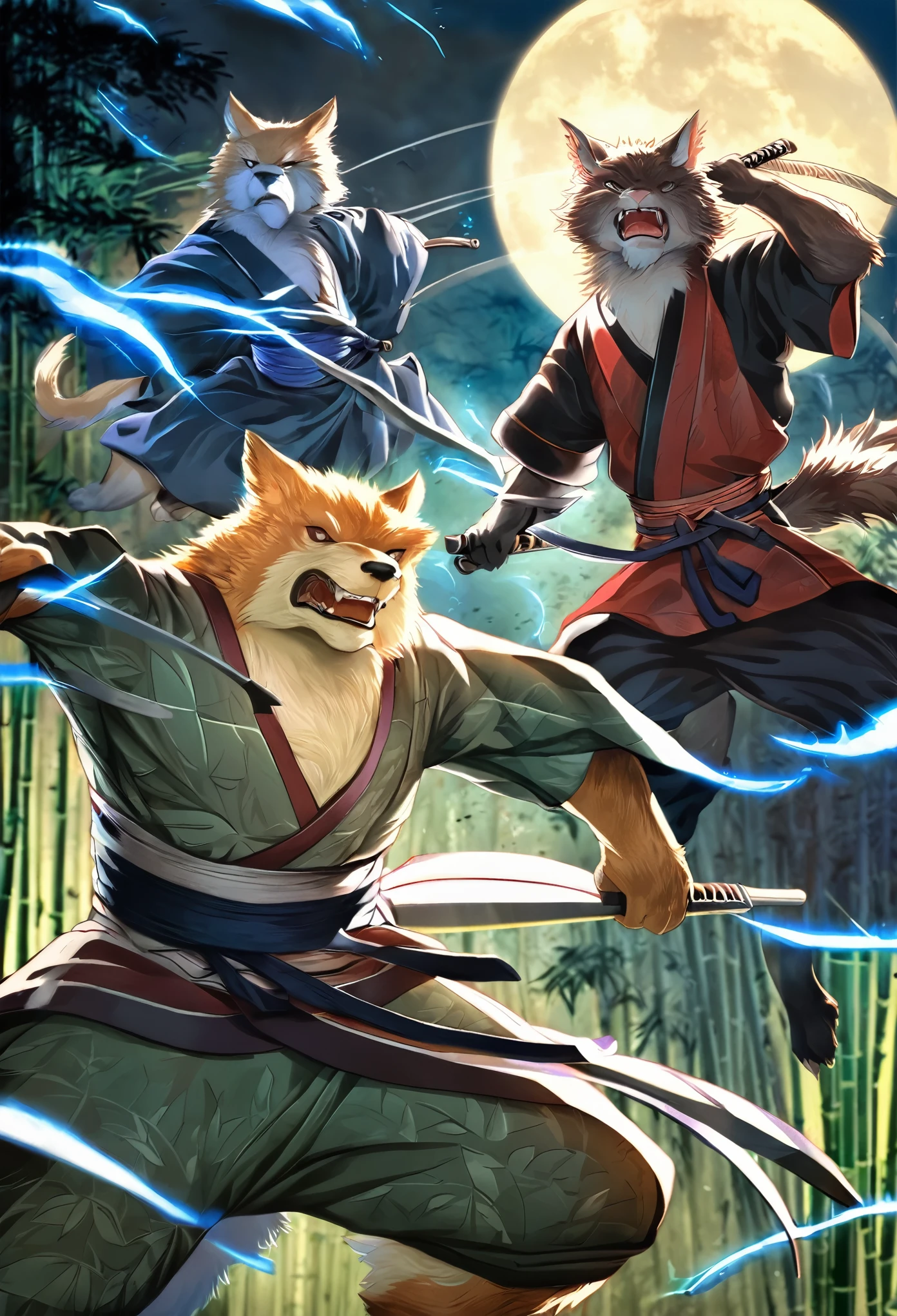 Top quality ultra-fine illustrations, movie poster, Zatoichi, Blind Swordsman (bamboo forest, dark night with beautiful full moon, rays of light through bamboo, backlighting, Tyndall phenomenon) (beautiful face and eyes with great detail) absurdres perfect anatomy ((Beastman))) (furry, pair, Japanese kimono, ninja, sword with blue flames, battle duels, concentration lines) (furry anthro:1.7) ((((furry body, animal facial features, animal body features)))) ((((animal muzzle highly detailed fur)))) full body, sturdy look, shouting, combat regime (dynamic pose),