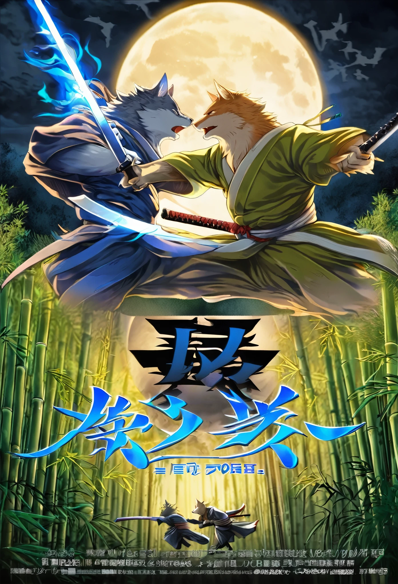 Top quality ultra-fine illustrations, movie poster, Zatoichi, Blind Swordsman (bamboo forest, dark night with beautiful full moon, rays of light through bamboo, backlighting, Tyndall phenomenon) (beautiful face and eyes with great detail) absurdres perfect anatomy ((Beastman))) (furry, pair, Japanese kimono, ninja, sword with blue flames, battle duels, concentration lines) (furry anthro:1.7) ((((furry body, animal facial features, animal body features)))) ((((animal muzzle highly detailed fur)))) full body, sturdy look, shouting, combat regime (dynamic pose),