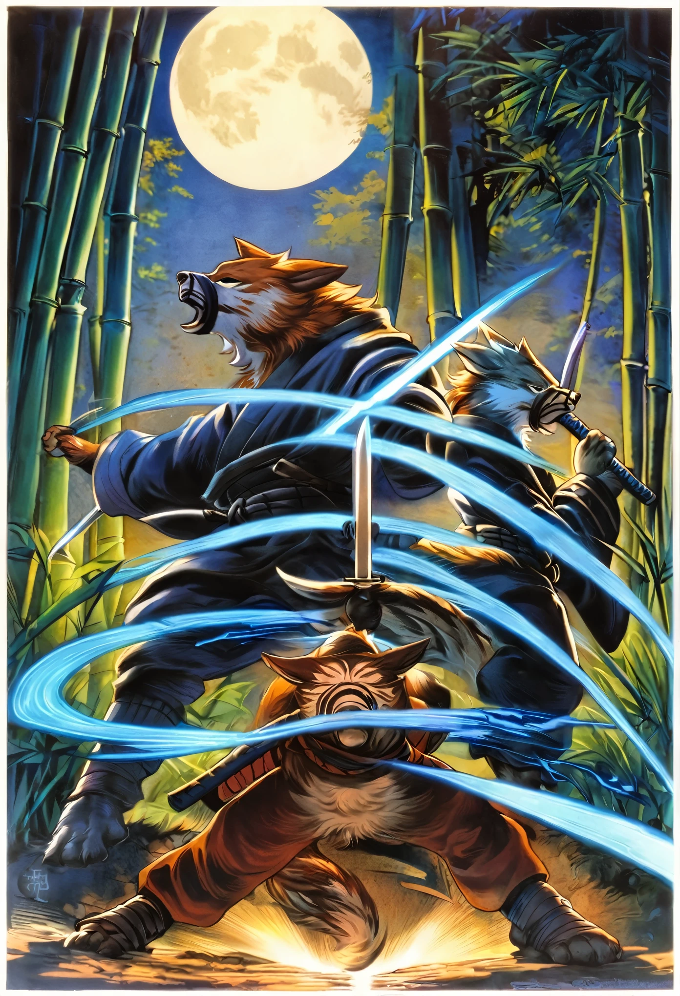 Top quality ultra-fine illustrations, movie poster, Zatoichi, Blind Swordsman (bamboo forest, dark night with beautiful full moon, rays of light through bamboo, backlighting, Tyndall phenomenon) (beautiful face and eyes with great detail) absurdres perfect anatomy ((Beastman))) (furry, pair, Japanese kimono, ninja, sword with blue flames, battle duels, concentration lines) (furry anthro:1.7) ((((furry body, animal facial features, animal body features)))) ((((animal muzzle highly detailed fur)))) full body, sturdy look, shouting, combat regime (dynamic pose),