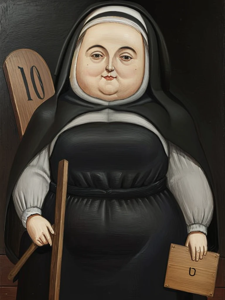 gquality, botero, nun, holding a wooden sign next to it