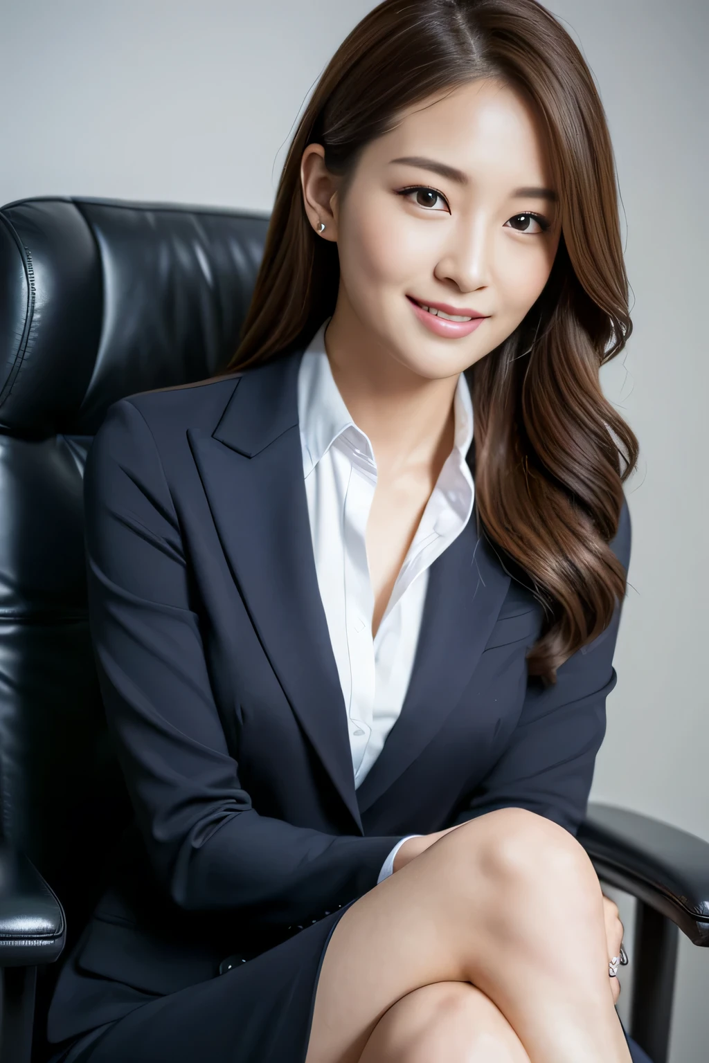 highest quality, realistic, Super detailed, finely, High resolution, 8k wallpaper, 1 beautiful woman,, tied hair, wearing a business suit, sharp focus, perfect dynamic composition, detailed and beautiful eyes, fine hair, Detailed and realistic skin texture, smile、beautiful legs、sitting in the director's chair、Chatting、happy expression