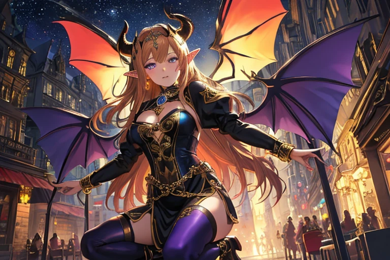(best image quality, masterpiece: 1.2),
(vivid colors, strong contrast: 1.2), striking visuals, official image art,
Medieval European night city, galaxy,
Close-up of girl, best detailed girl, focus on eyes,
(dynamic angles, dynamic poses: 1.2),
(Beautiful girl elf with demon wings: 1.2), 4 demon wings, dark blonde hair,
purple armor dress, devil horns, shy face, patterned white tights, ornate fine accessories,