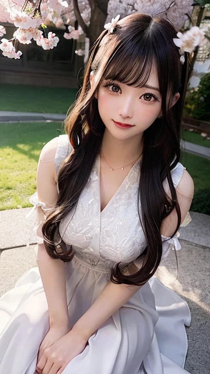 (logo、masterpiece、8K、table top、Raw photo、wonderful、最high quality、フォトリアリスティックでvery detailedな CG 統合 8k 壁紙、high quality、very detailed、narrative poem、particle effects、dynamic effects、Depth of the bounds written、cinematic light、Lens flare、ray tracing)、fantasy、 (1 beautiful woman、dress、dress、cherry blossom pattern、black haired、beautiful face、real face、beautiful details eyes beautiful skin)、髪がWindで踊る、Hair flutters in Wind、hair bounces、pink cherry tree、petals dance、SakuraFubuki、Spectacular view、sunrise、sun on background、Wind、