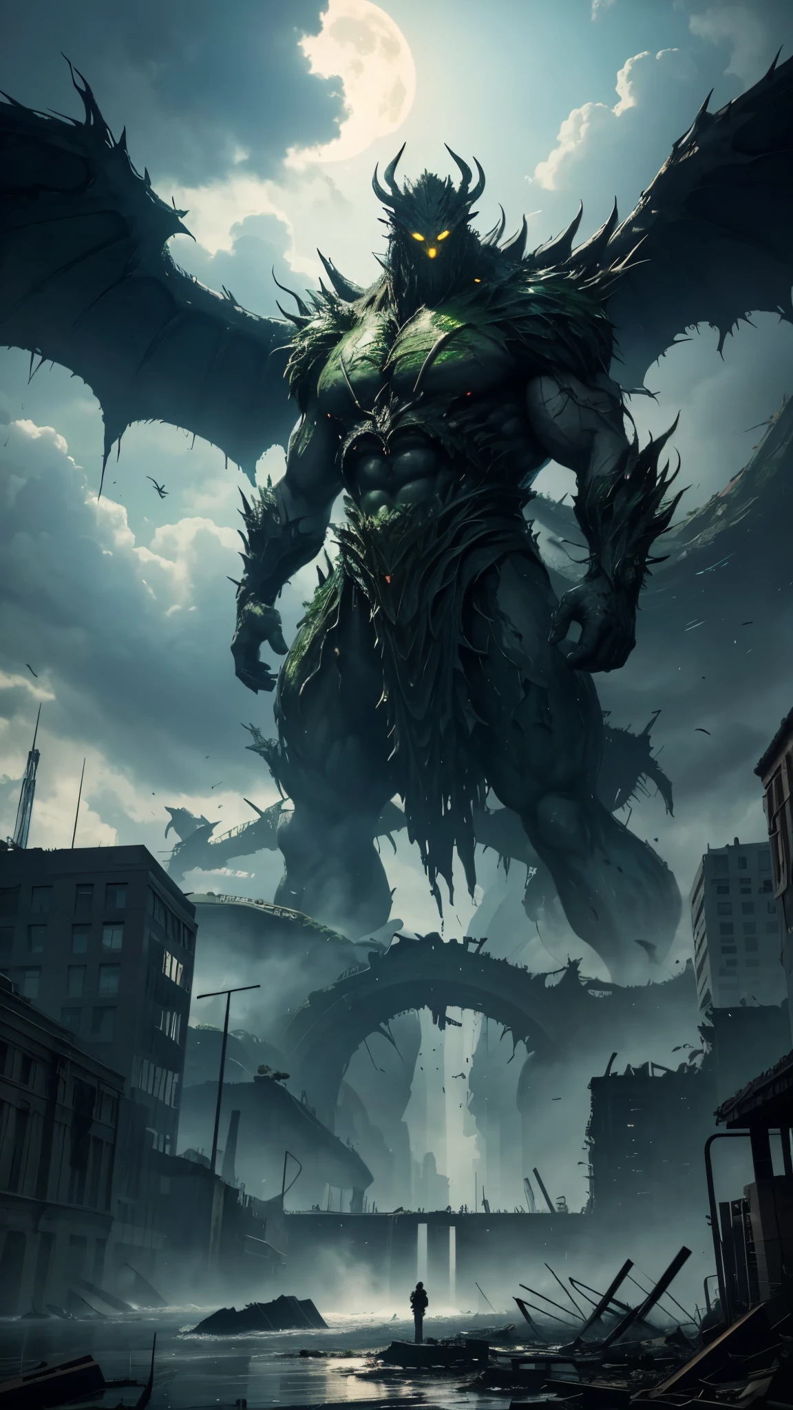 Within the ruins of an urban sprawl, a behemoth wreaks havoc, not only reshaping the city but also manipulating the natural elements to its will. As its gargantuan wings beat, the monster summons a maelstrom that engulfs the skyline, twisting metal and glass into grotesque sculptures. The ground beneath ripples and cracks, giving birth to giant fissures from which verdant, monstrous vegetation erupts, intertwining with the crumbling architecture. The river that once meandered peacefully through the city now rises in towering waves, flooding streets with a wild, untamed force. This interaction with nature is further emphasized as swarms of birds, driven mad by the monster's presence, circle in the sky, forming a dark cloud that mirrors the chaos below. The air itself seems to warp, filled with the scents of ozone and fresh earth, a testament to the monster's ability to bend the elements to its chaotic intent. This detailed scene captures the symbiosis of destruction and natural beauty, showcasing the monster's power to not just destroy but transform the cityscape into a surreal tableau of wild resurgence.