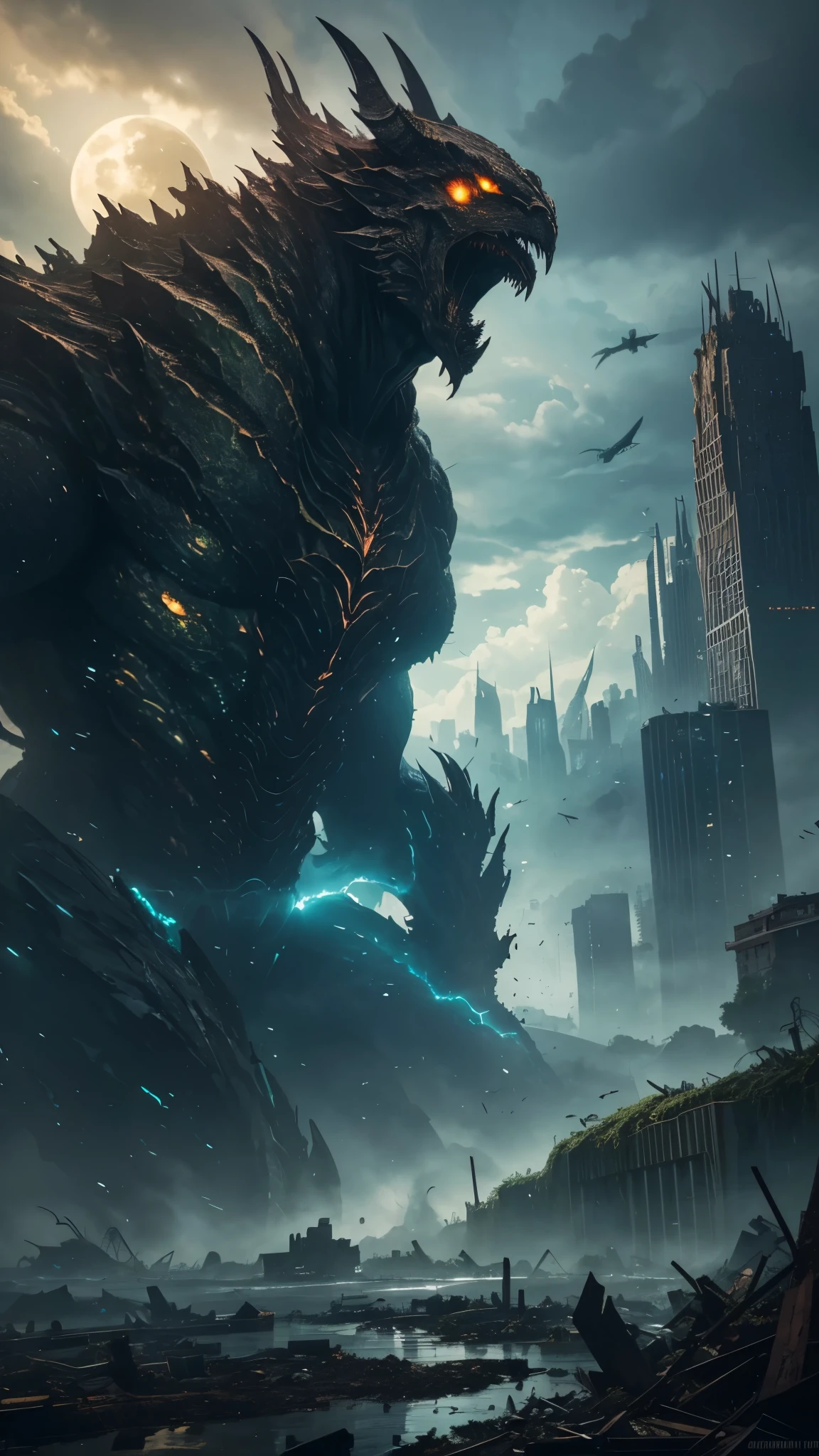 Within the ruins of an urban sprawl, a behemoth wreaks havoc, not only reshaping the city but also manipulating the natural elements to its will. As its gargantuan wings beat, the monster summons a maelstrom that engulfs the skyline, twisting metal and glass into grotesque sculptures. The ground beneath ripples and cracks, giving birth to giant fissures from which verdant, monstrous vegetation erupts, intertwining with the crumbling architecture. The river that once meandered peacefully through the city now rises in towering waves, flooding streets with a wild, untamed force. This interaction with nature is further emphasized as swarms of birds, driven mad by the monster's presence, circle in the sky, forming a dark cloud that mirrors the chaos below. The air itself seems to warp, filled with the scents of ozone and fresh earth, a testament to the monster's ability to bend the elements to its chaotic intent. This detailed scene captures the symbiosis of destruction and natural beauty, showcasing the monster's power to not just destroy but transform the cityscape into a surreal tableau of wild resurgence.