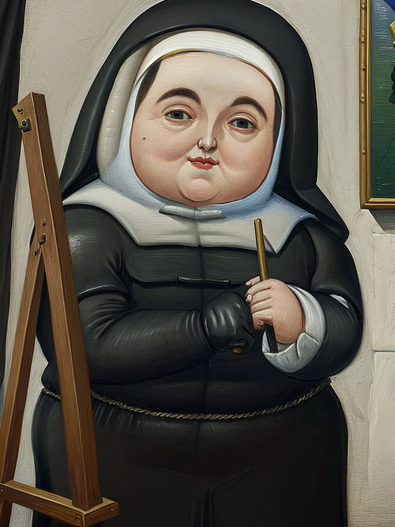 gquality, botero, nun, put a large easel next to it