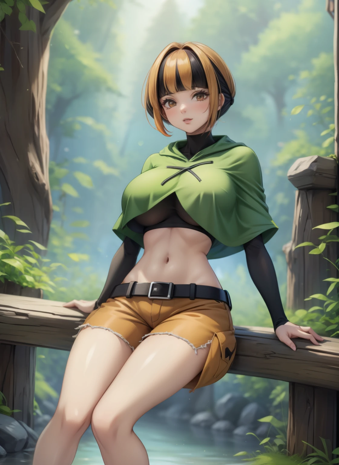 1girl, solo, photogenic adult mature woman, age 30, standing,high quality, best quality, high detail, highres, 4k 8k, shadows, natane, multicolored hair, green capelet, black shirt, long sleeves, midriff, belt, orange shorts, low rise shorts, outdoors, forest, sitting on tree branch hanging over river, full body, large breasts