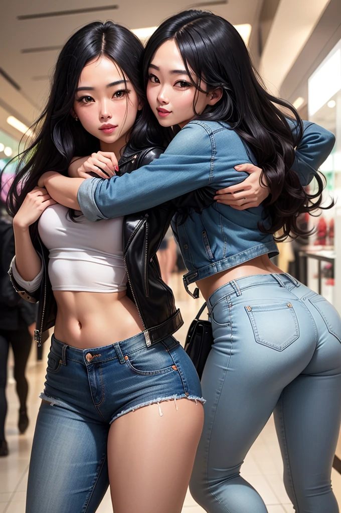 goddess，long black hair，Low-rise shaping hip-hugging denim trousers，Black leather jacket，White short vest，High heel，Hands behind your back，，Prosperous face，In the mall，HD quality，Sideways position。Beautiful two-dimensional，Thick coating
