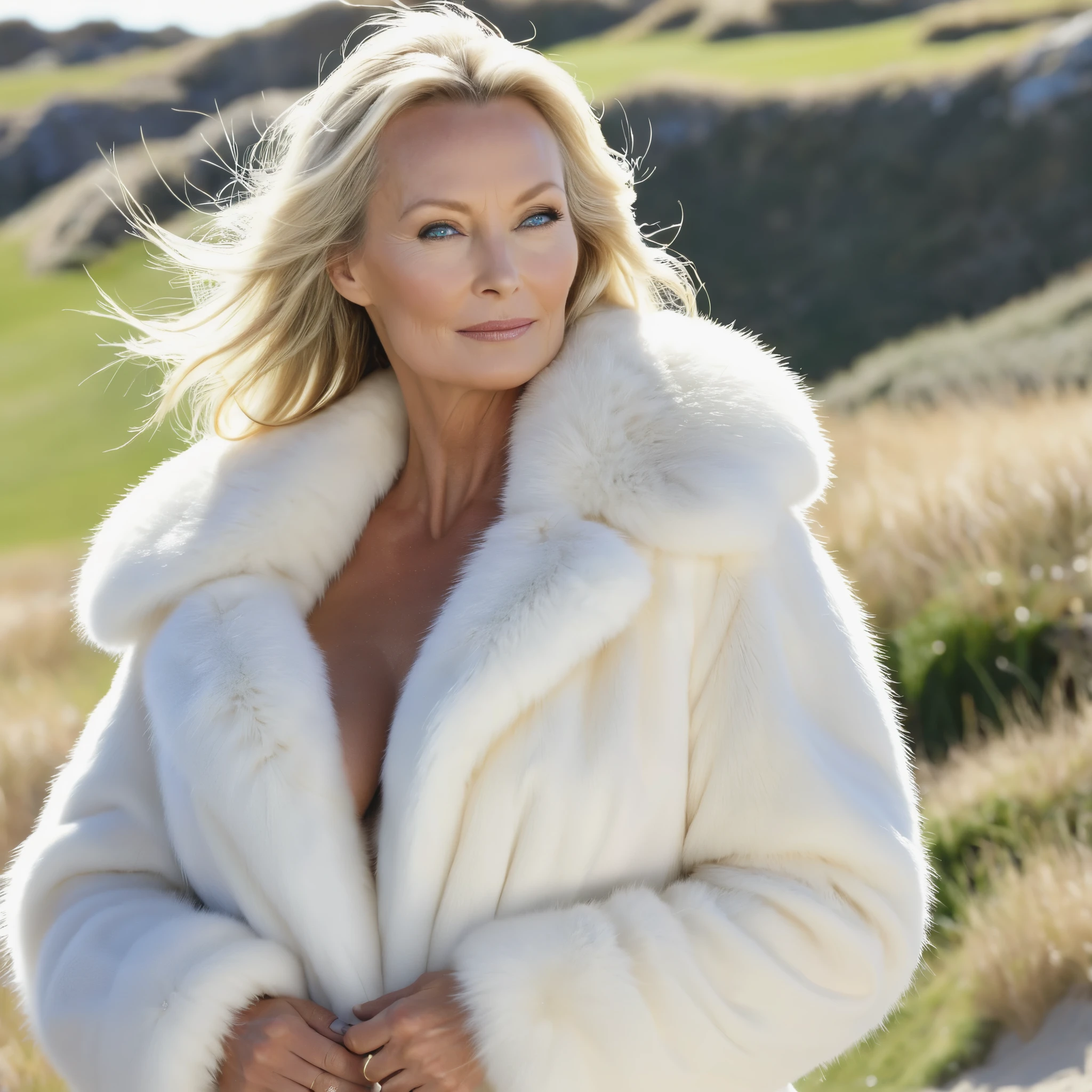 A very wide and very thick, manteau de fourrure extra court, en vison blanc, fifty centimeters thick, duveteux, naturel, with an ultra thick white mink fur collar, three layers, sur jeune Bo Derek, fully nude profile view, bare shoulders, and two large breast discovered by the fur, at sunny Pebble Beach golf