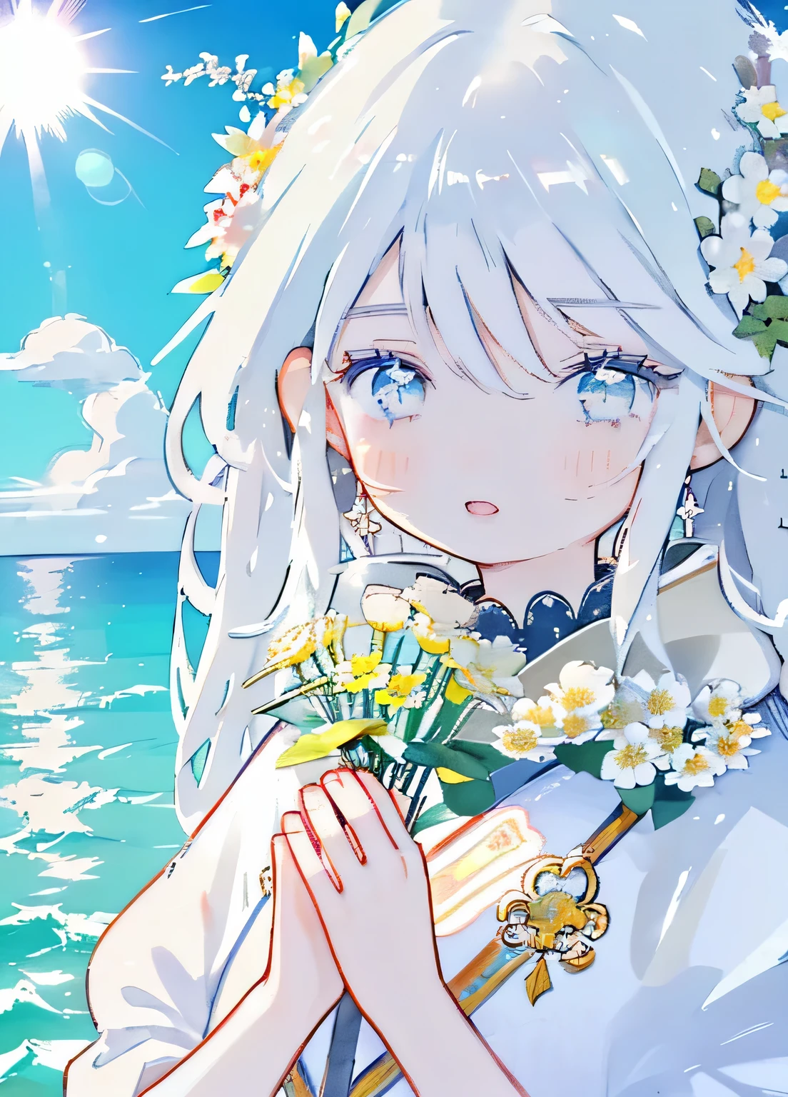 silver hair, super long hair, well-designed hair style, garland on head, beautiful eyes like gemstone, gentle smile, perfect face, well-designed outfit, opened mouth, looking at viewers, wind, ocean, sky, sunshine, praying for happiness and peace, holding flowers