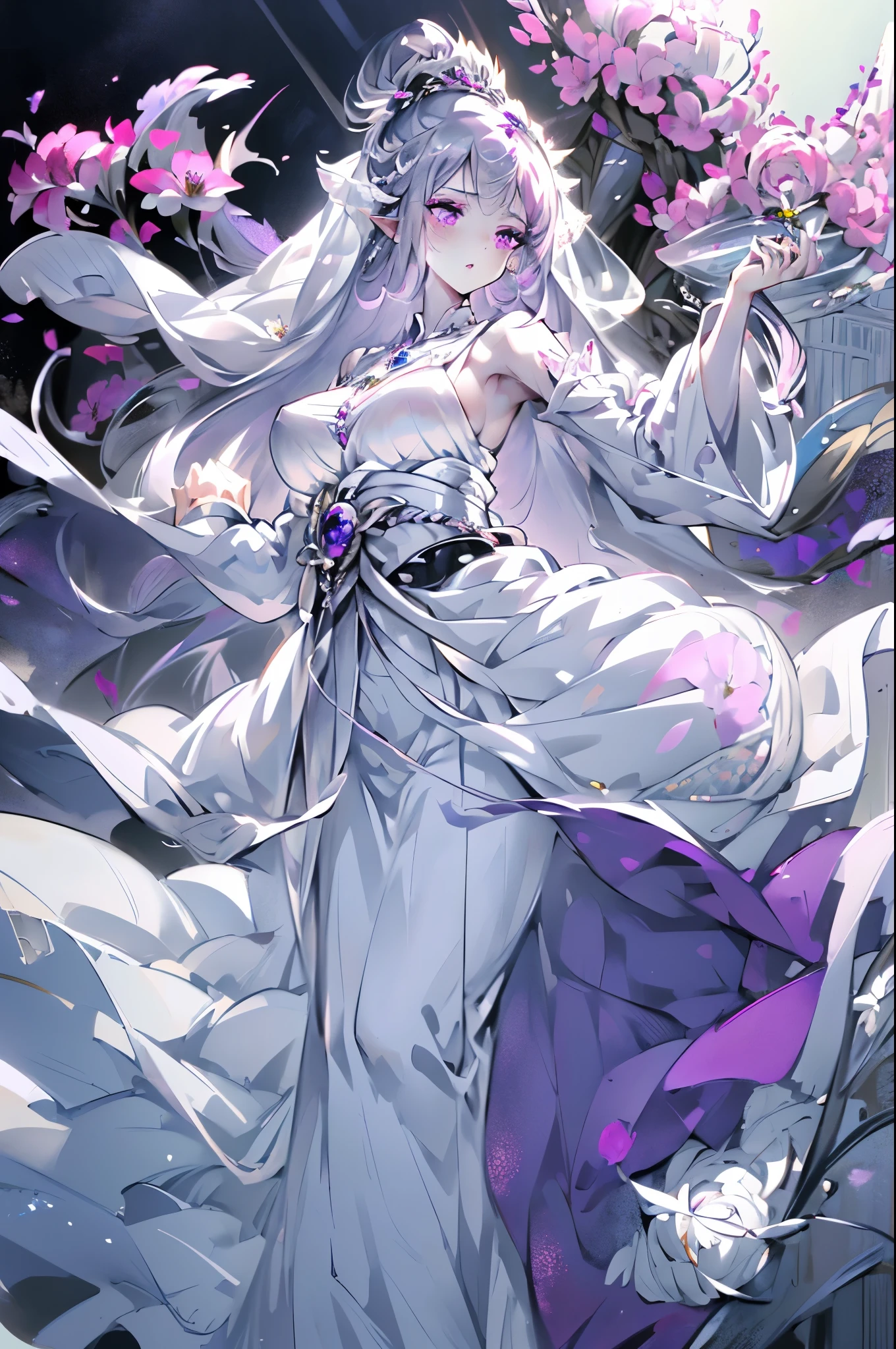 Emilia princess from Re:Zero kara Hajimeru Isekai Seikatsu, half elf, ((gorgeous white and purple elegant silk wedding dress, holding a bunch of clematis, silk accesory, veil, silver necklace, diamond ring, flower earring, belt, collar, silver crown, silk long sleeves)), grace hair style, garden background, ((perfect body shape, medium breast, empress and forzen aura, flower and feather flying effect, clean detailed skin, silver and light purple pupil, blush)), best quality anime 16k wallpaper quality, extreme eye and body detail, spiral energetic girl, spirit around, high resolution , masterpieces, ultra lighting,