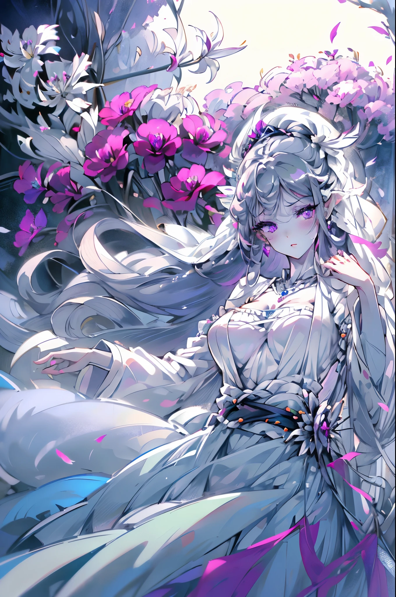 Emilia princess from Re:Zero kara Hajimeru Isekai Seikatsu, half elf, ((gorgeous white and purple elegant silk wedding dress, holding a bunch of clematis, silk accesory, veil, silver necklace, diamond ring, flower earring, belt, collar, silver crown, silk long sleeves)), grace hair style, garden background, ((perfect body shape, medium breast, empress and forzen aura, flower and feather flying effect, clean detailed skin, silver and light purple pupil, blush)),  best quality anime 16k wallpaper quality, extreme eye and body detail, spiral energetic girl, spirit around, high resolution , masterpieces, ultra lighting,
