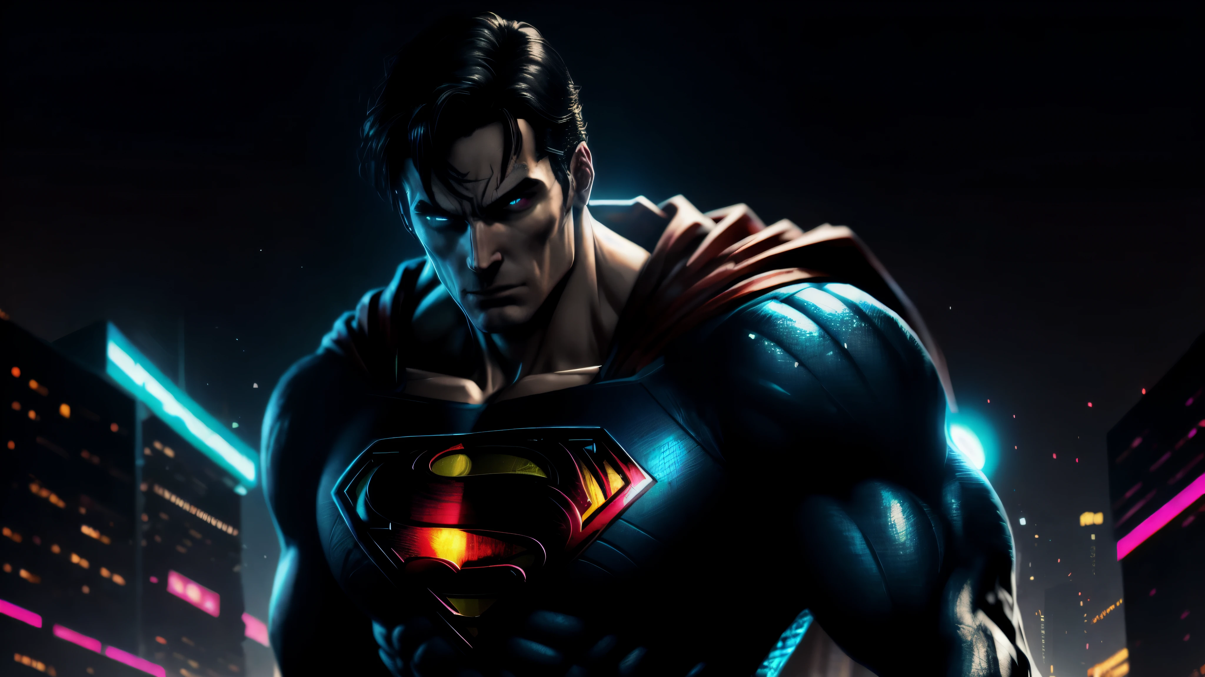 Superman from DC, neon ring on background, cyberpunk art style, cyberpunk style, cyberpunk style, cyberpunk character, hyper-realistic cyberpunk style, cyberpunk color, powerful lighting, motion synchronization, dynamism, charged energy, hot action