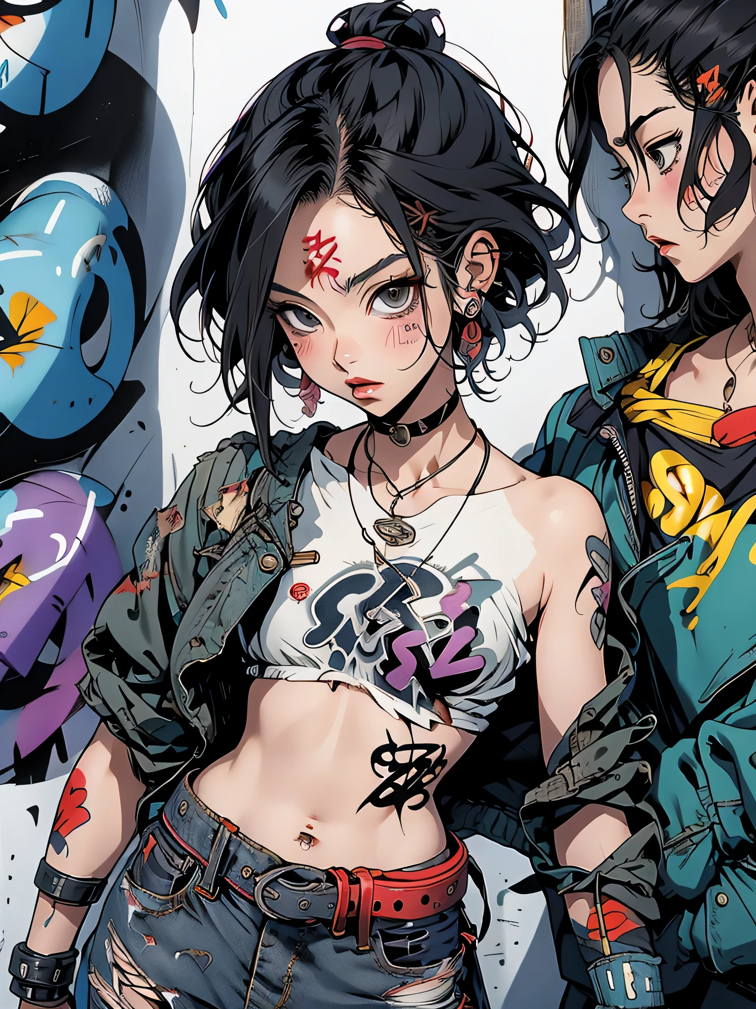 akira toriyama style、masterpiece, highest quality, pixiv, one cool girl, The Strongest Pirate Girl, small breasts、Completely naked、Lips in Love, dark brown hair, bob hair, gray eyes, white skin, gal, provocative、(((graffiti art))), Improve