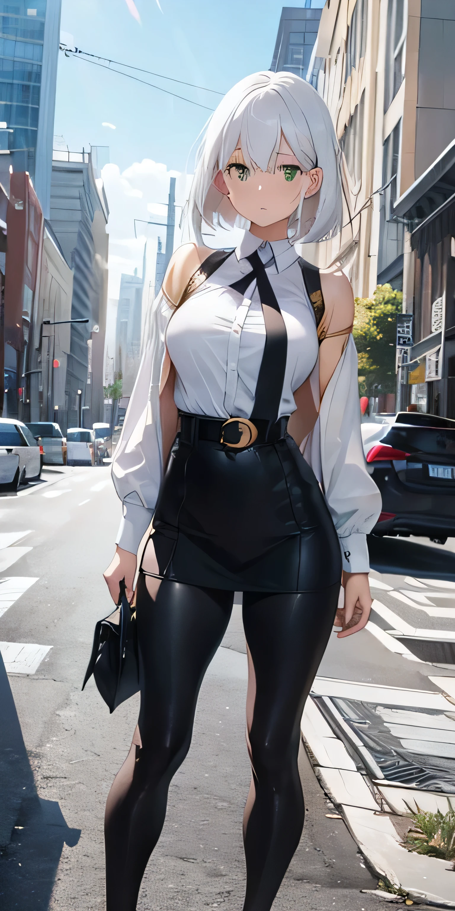 (best quality:1.5, highres, UHD, 4K, detailed lighting, shaders), white and red haired, gradient hair, large breasts, suit, gray shirt, social shirt, short skirt, mature woman , (pov), white background, colorful eyeshadow, dramatic lighting, sparkling eyes, sensual expression, golden earrings, flowing hair, delicate facial features, dark skin, high cheekbones, raining, urban setting, white background, dont look for the camera, lean forward, wet  by the rain.