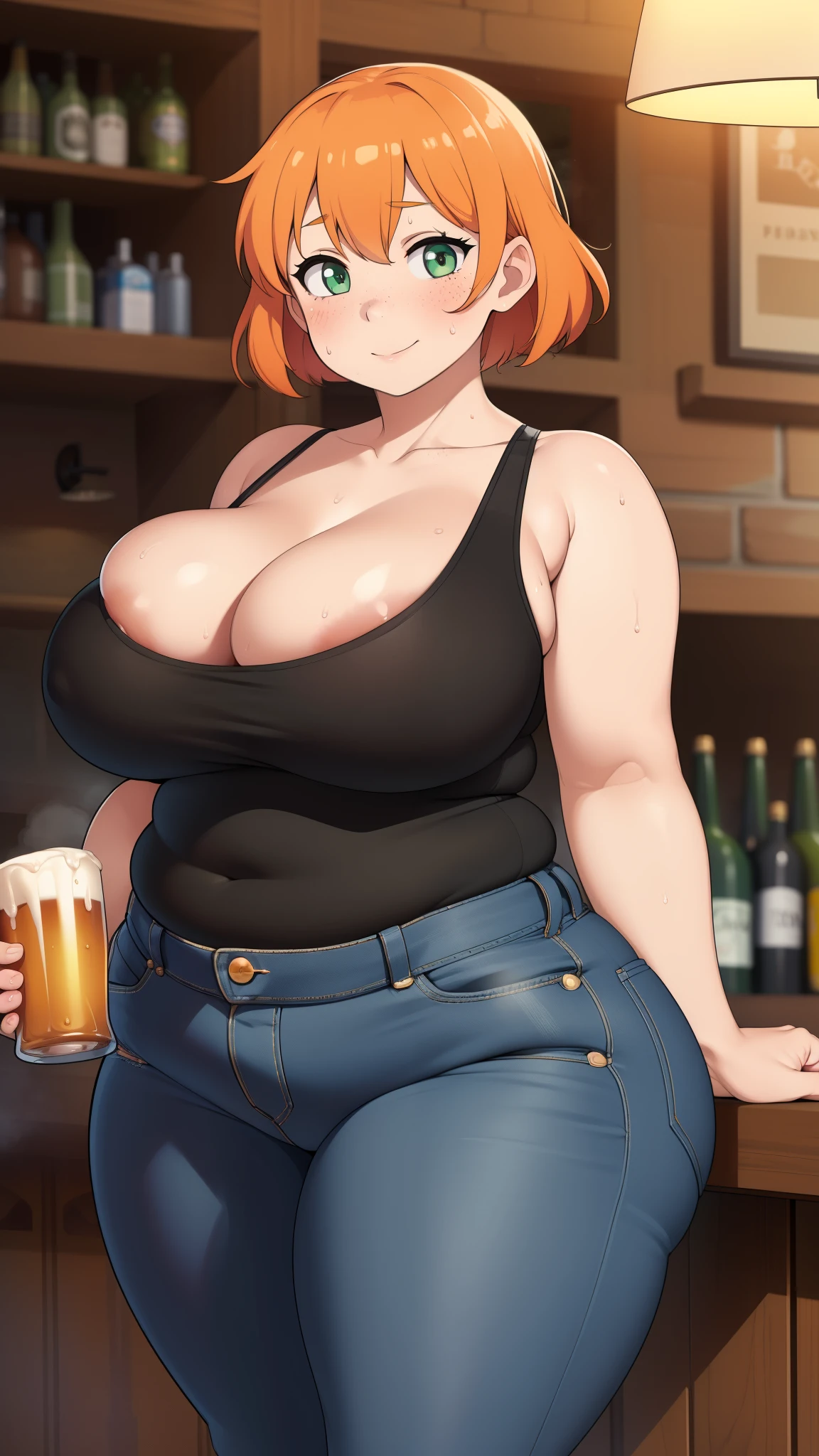 ((Masterpiece)), perfect anatomy, perfect shading, field of depth, (best quality), extremely delicate and beautiful, perfect lighting, detailed face, ultra cute face, cute, (1girl), (solo),
short fluffy orange hair, green eyes, freckles, ((blush)), drunk smile, sweat, looking at viewer, tank top, jeans, cleavage, medium breasts, ((thick thighs)), (wide hips), fat ass, plump,
intricate background, detailed background, pub, standing, beer mug