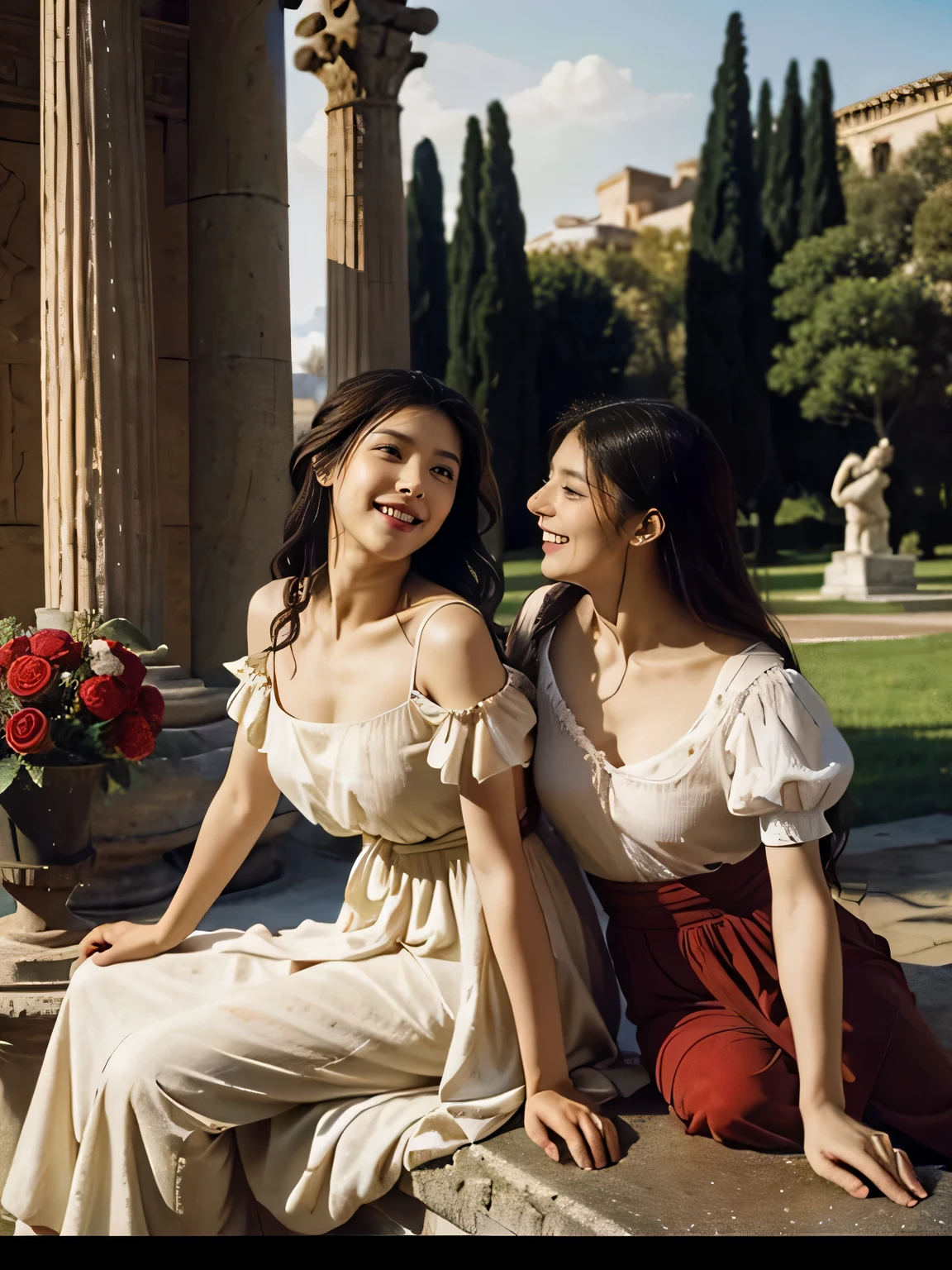 full body portrait or statue、Giorgione painting style,Arguments of two female Philosophe,math、astronomical machine、astronaut、roses in vase、fruits、Cute trinkets、smile、ancient greek costume、Ancient Roman landscape in the style of Nicolas Poussin,laughter,,Sweet and seductive appearance.、Caravaggio's paintings、Chiaroscuro of Caravaggio、hair tousled by the wind,Two women frolicking,cute smile, expression of ecstasy,Sexy,erotic
