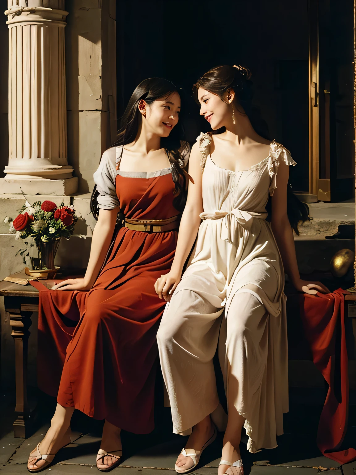 full body portrait or statue、Giorgione painting style,Arguments of two female Philosophe,math、astronomical machine、astronaut、roses in vase、fruits、Cute trinkets、smile、ancient greek costume、Ancient Roman landscape in the style of Nicolas Poussin,laughter,,Sweet and seductive appearance.、Caravaggio's paintings、Chiaroscuro of Caravaggio、hair tousled by the wind,Two women frolicking,cute smile, expression of ecstasy,Sexy,erotic
