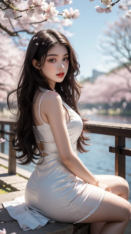 A black long haired girl, 21 years old, with white skin, red juicy lips, bright light brown eyes and hourglass figure, wearing a white dress and sitting under the cherry blossom tree
