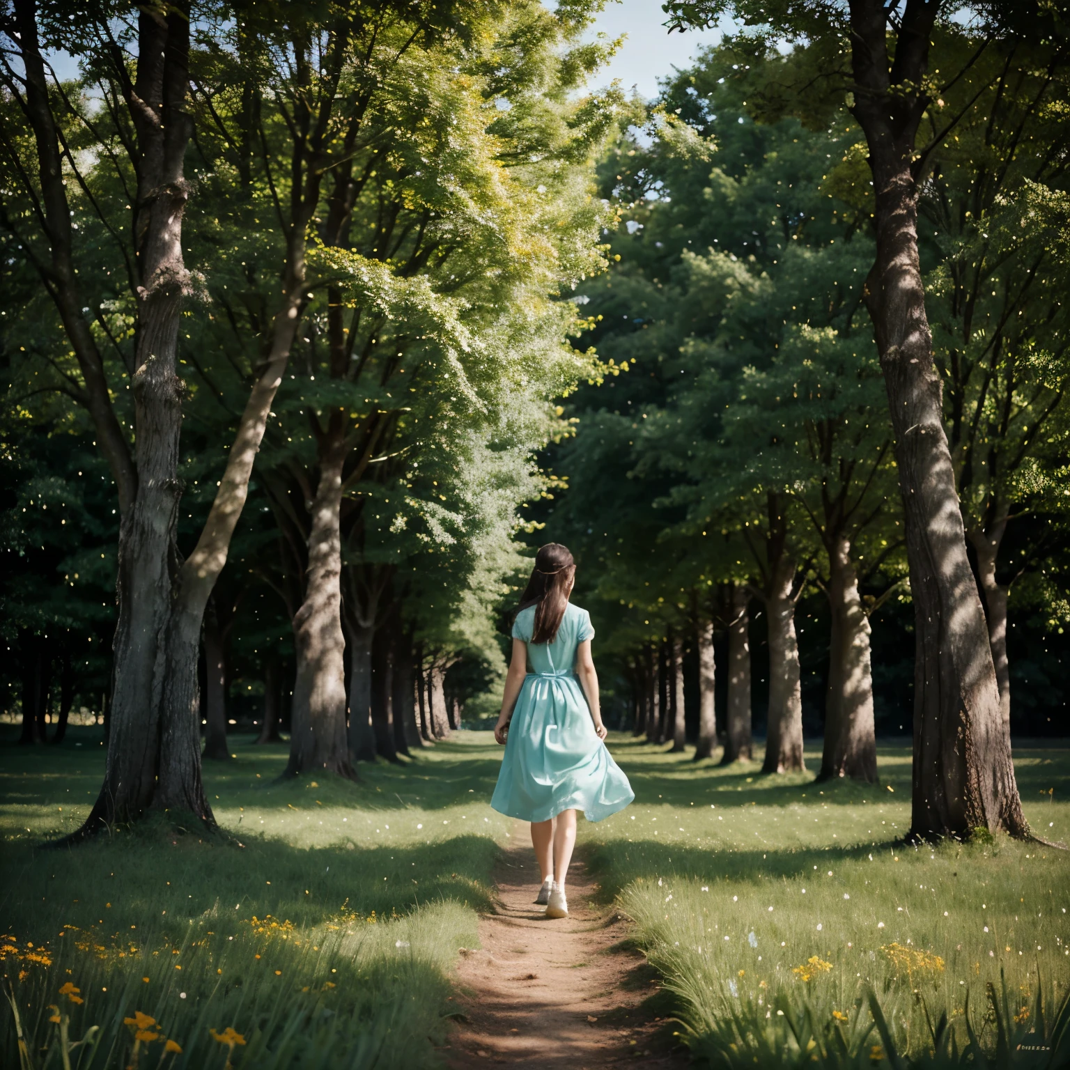 a girl walking through a field, in the style of ethereal trees, dark yellow and azure, majestic, sweeping seascapes, photorealistic representation, graceful balance, wimmelbilder, orange --ar 72:101 --stylize 750 --v 6