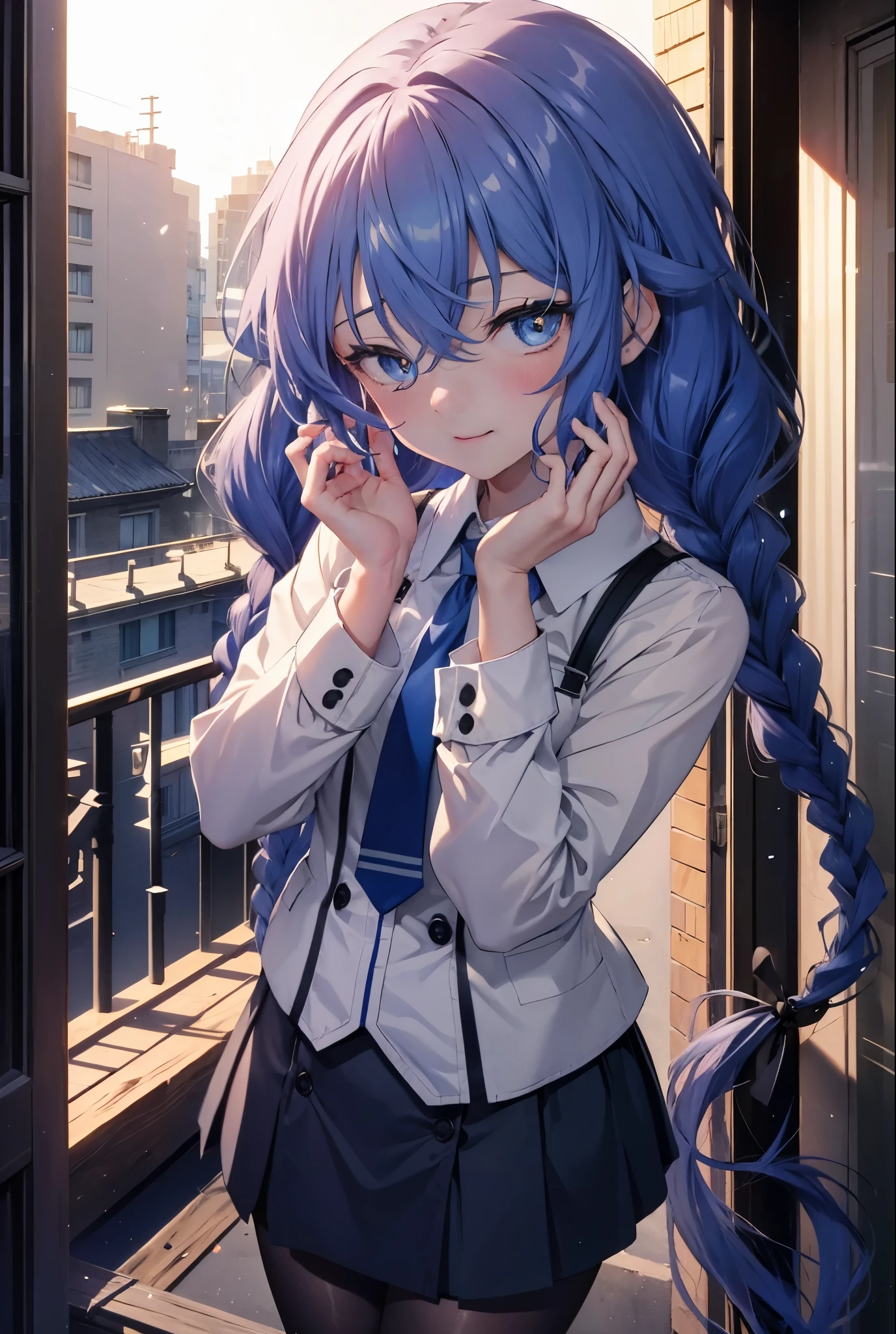 (masterpiece,intricate details),1 girl,mature woman,light _face, BREAK Roxymigurdia, Roxy, Ahoge, black ribbon, blue eyes, blue hair, Braid, hair between eyes, hair ribbon, long hair, twin Braids, very long hair,happy smile, smile, open your mouth, Destroy White Y-Shirt,Blue Blazer,Blue pleated skirt,Gray pantyhose,White Loafers,
壊す looking at viewer,
break outdoors, In town,Destroy a city of buildings (masterpiece:1.2), highest quality, High resolution, unity 8k wallpaper, (figure:0.8), (detailed and beautiful eyes:1.6), 非常に詳細なface, perfect lighting, Very detailed CG, (perfect hands, perfect anatomy),