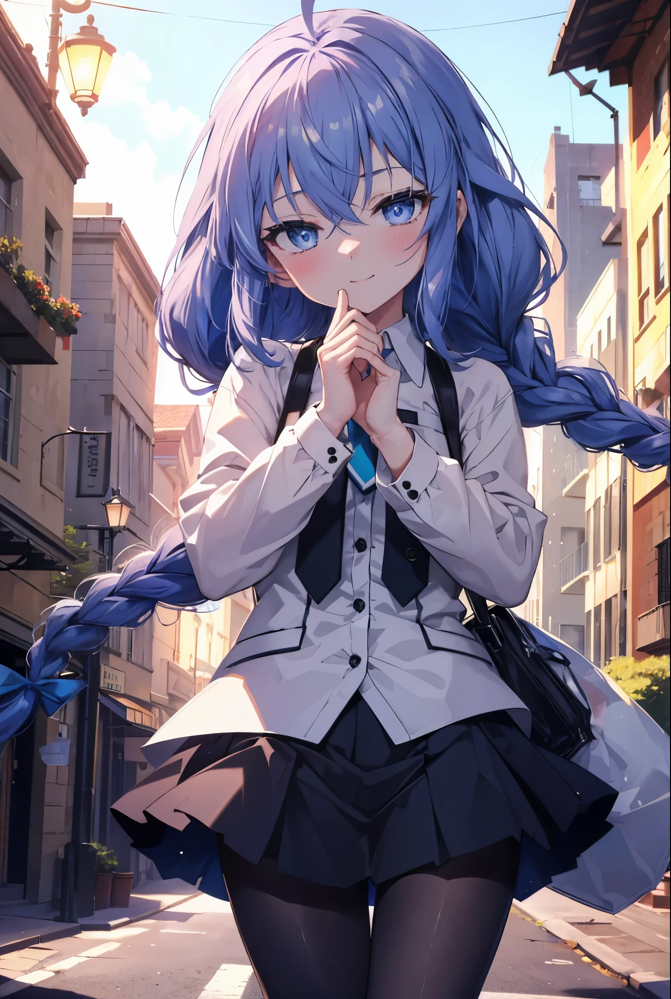(masterpiece,intricate details),1 girl,mature woman,light _face, BREAK Roxymigurdia, Roxy, Ahoge, black ribbon, blue eyes, blue hair, Braid, hair between eyes, hair ribbon, long hair, twin Braids, very long hair,happy smile, smile, open your mouth, Destroy White Y-Shirt,Blue Blazer,Blue pleated skirt,Gray pantyhose,White Loafers,
壊す looking at viewer,
break outdoors, In town,Destroy a city of buildings (masterpiece:1.2), highest quality, High resolution, unity 8k wallpaper, (figure:0.8), (detailed and beautiful eyes:1.6), 非常に詳細なface, perfect lighting, Very detailed CG, (perfect hands, perfect anatomy),