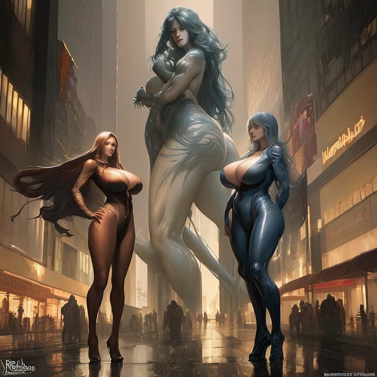 rainy night,city,A beautiful woman with gal makeup wearing a sports suit in the downtown area of Gintama, surrounded by salespeople, Beautiful portrait of a stunning goddess girl, beautiful and detailed face, porcelain skin, full body shot, in the center, very soft lighting, symmetry, Complex, elegant, very detailed, realistic, art station, concept art, Smooth, Imagined by Greg Rutkowski and Boris Vallejo, cover, Trendy style、Super big breasts、super huge breasts、very big 、saggy breasts、