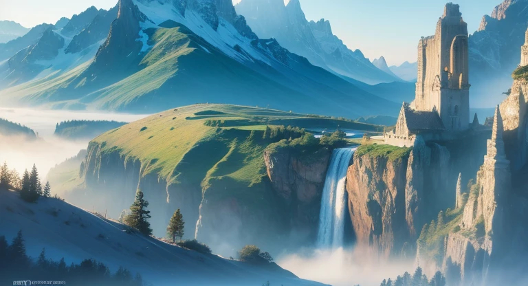 (masterpiece:1.2), (best quality,:1.2), 8k, HDR, ultra detailed, ((photorealistic)), professional light, cinematic lighting, fashion photography, ambient lighting, atmospheric effects, waterfall, cliff, ((perfect hands)), epiCPhoto, valley, high mountains, river
