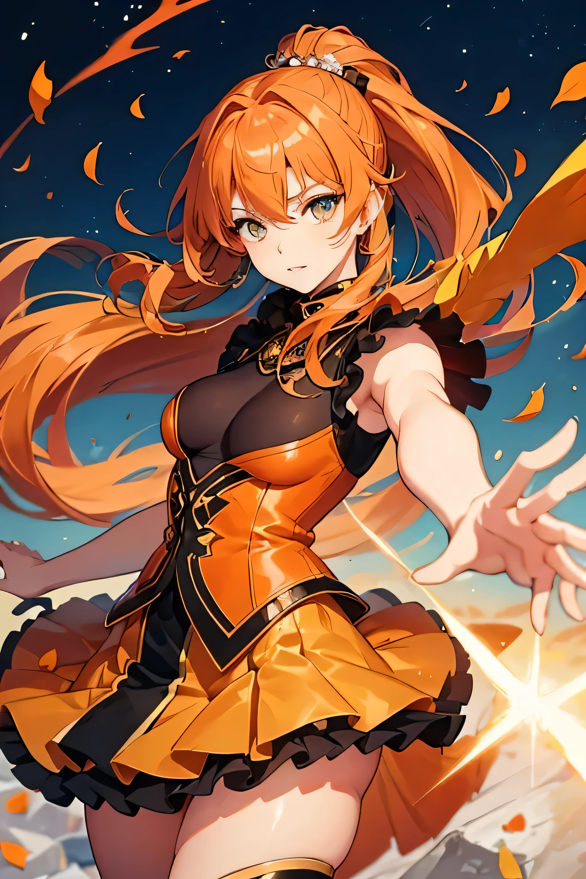 A cool yellow-eyed beauty with orange and brown hair in a ponytail and rock outfit、one person、A confident glance々expression、Sheryl Nome、Warm background、petals dance、cool pose、Exposure is modest、Hands open、Exposure is modest、five fingers