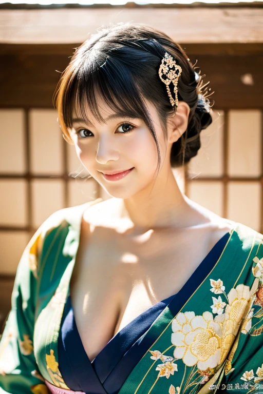 (8k, RAW photo, best quality, perfect anatomy, masterpiece:1.2), (realistic, photo-realistic:1.4), (extremely detailed 8k wallpaper), sharp focus, professional lighting, depth of field, cinematic lighting, smile, full breasts, cute face blush embarrassed, (Vibrant colors Traditional Japanese kimono), Furisode, Graceful pose, Intricate patterns, Japanese textile artistry, Traditional Japanese hairstyle, Kanzashi, Ornate hair accessories, Serene atmosphere, Traditional Japanese backdrop, Tatami room, Japanese garden, Sophisticated beauty, Timeless allure