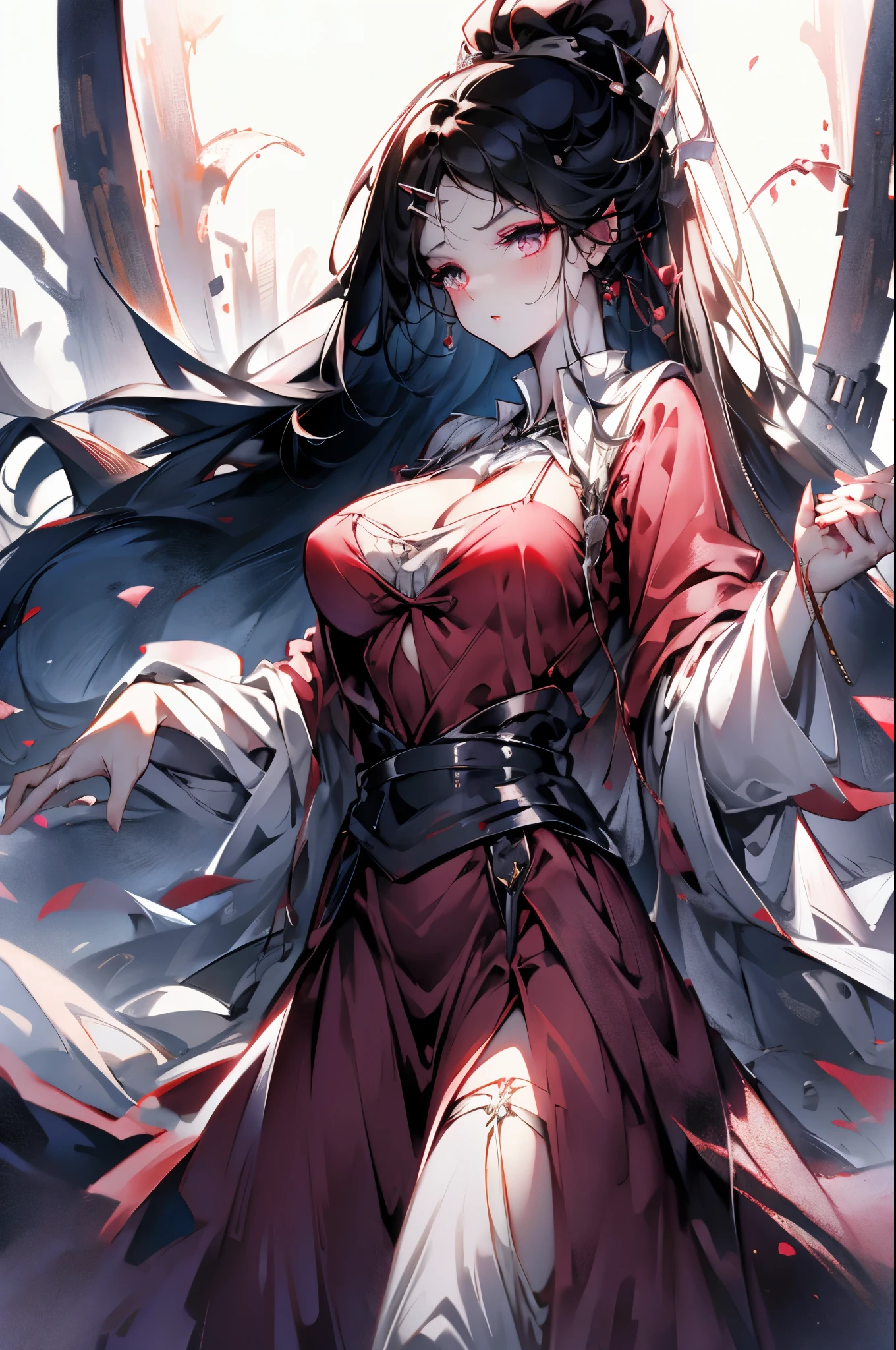((best quality)), ((masterpiece)), (detailed), blank white background, plain background, white background, red and white clothing, Bloodborne inspired, occult aesthetic, occult, detailed and intricate steampunk and detailed gothic, NSFW, Very dramatic and cinematic lighting, cosmic horror, grim-dark, side-lighting, perfect face, NSFW, Fluttering lace flared long knee length dress with frilly petticoats, knee length dress, pleated petticoats, lolita dress, petticoats gothic lolita, complex lace boots, side-lighting, gothic lolita aesthetic, wielding a mighty sword, carbine, NSFW, beautiful small breasts, small breasts, full body, whole body, body, plain background, white background, blank background, no background, white background NSFW, full body, whole body, head-to-toe NSFW