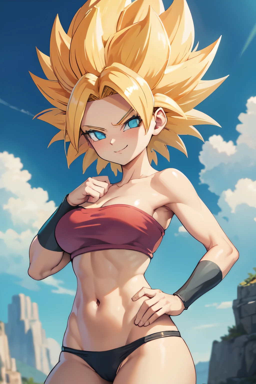 masterpiece, best quality,  ssjcaulifla, blonde hair, aqua eyes, top underboobs medium breasts , black thong pantie , bracers, cowboy shot, looking at viewer, smile, furrowed brow, hands to hips, sky, clouds