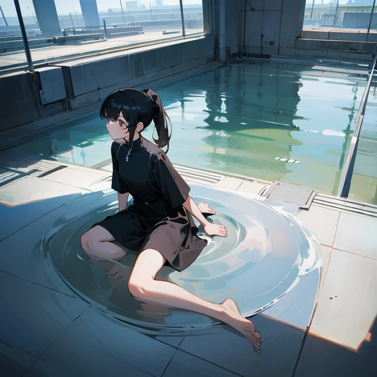 girl、black hair、ponytail、black dress、barefoot、white building、tile、water、inorganic、lonely