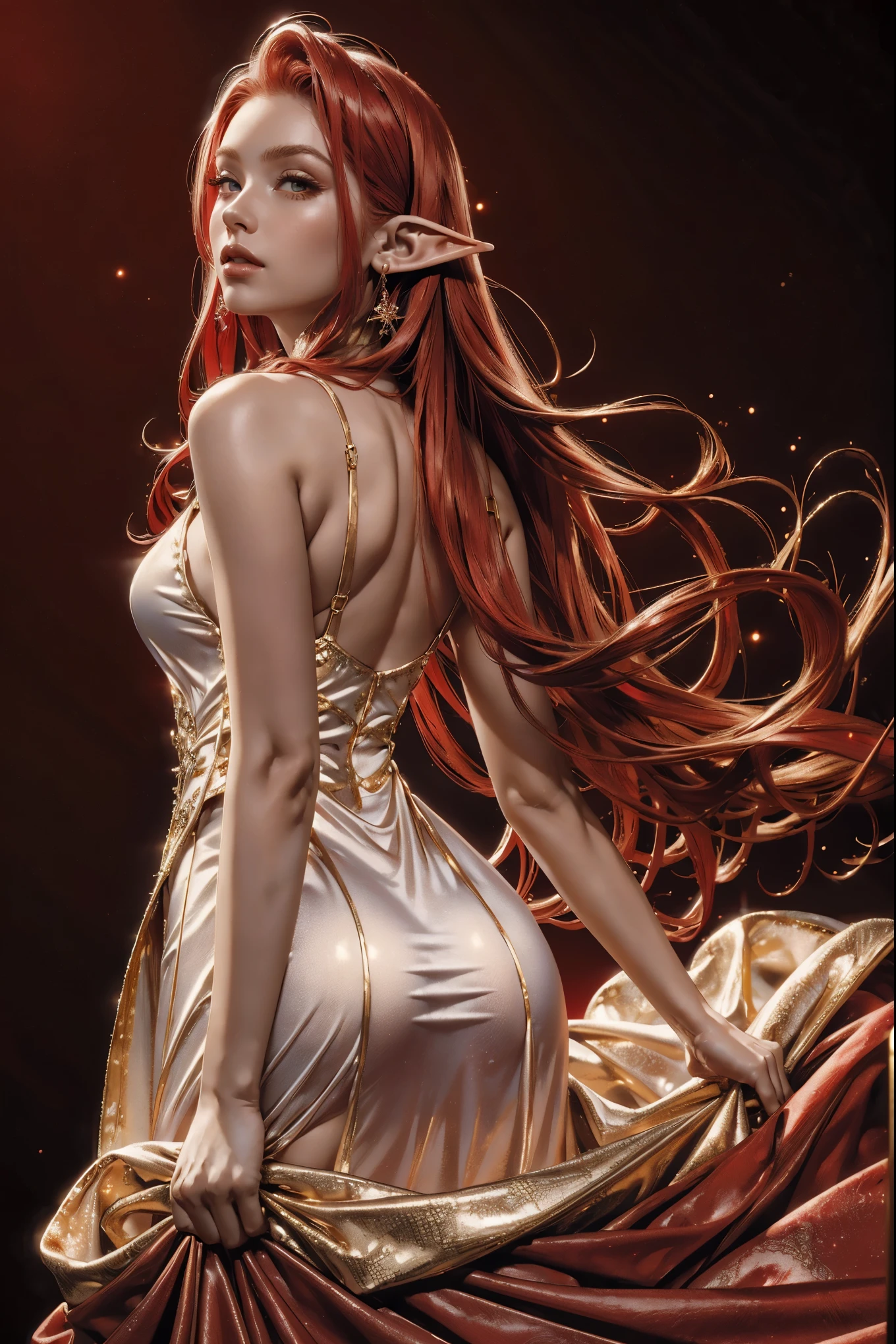 (masterpiece, best quality, ultra-detailed:1.2), 1girl, perfect curves, (g0ld3mb, gold:1.1), (glimmering galaxy dress:1.1), long straight red hair, laced hair, wrapped in white silk, (red background:1.2), elf ears,
