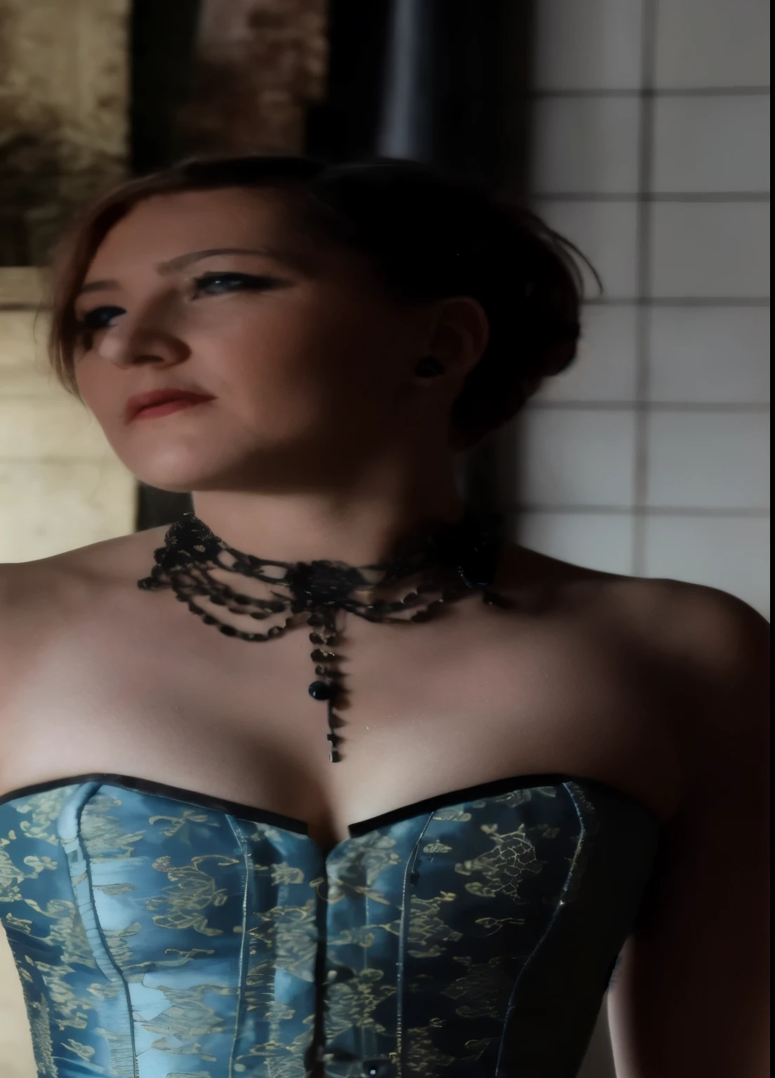 (Best Quality, Masterpiece: 1.1), (Fidelity: 1.4), 1 Girl, Upper Body, Very Short Hair, Studio, BDSM, slave, Black Corset, Bondage, Slave Collar, Slave, Panties, Woman Tied With Rope, Blindfold, Handcuffs, Bondage, BDSM, Bound