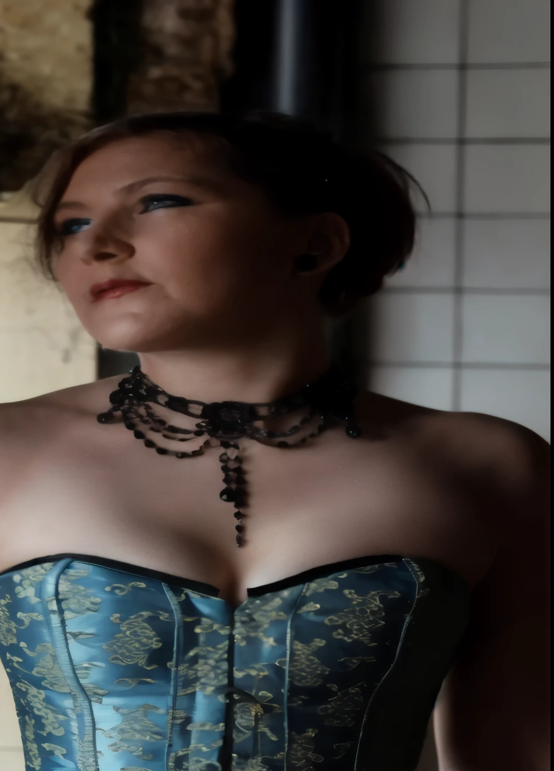 Da ist eine Frau, wearing a blue corset and necklace, wearing intricate black Halsband, wearing black Halsband, wearing Halsband, Halsband on neck, a black Halsband, black Halsband, black Halsband necklace, Halsband, Gothic-Accessoires tragen, ornamental gothic - cyberpunk, carries several pendants, Gothic royal and ragged black, Piercings Kragen, inspiriert von Catrin G Grosse, nackt