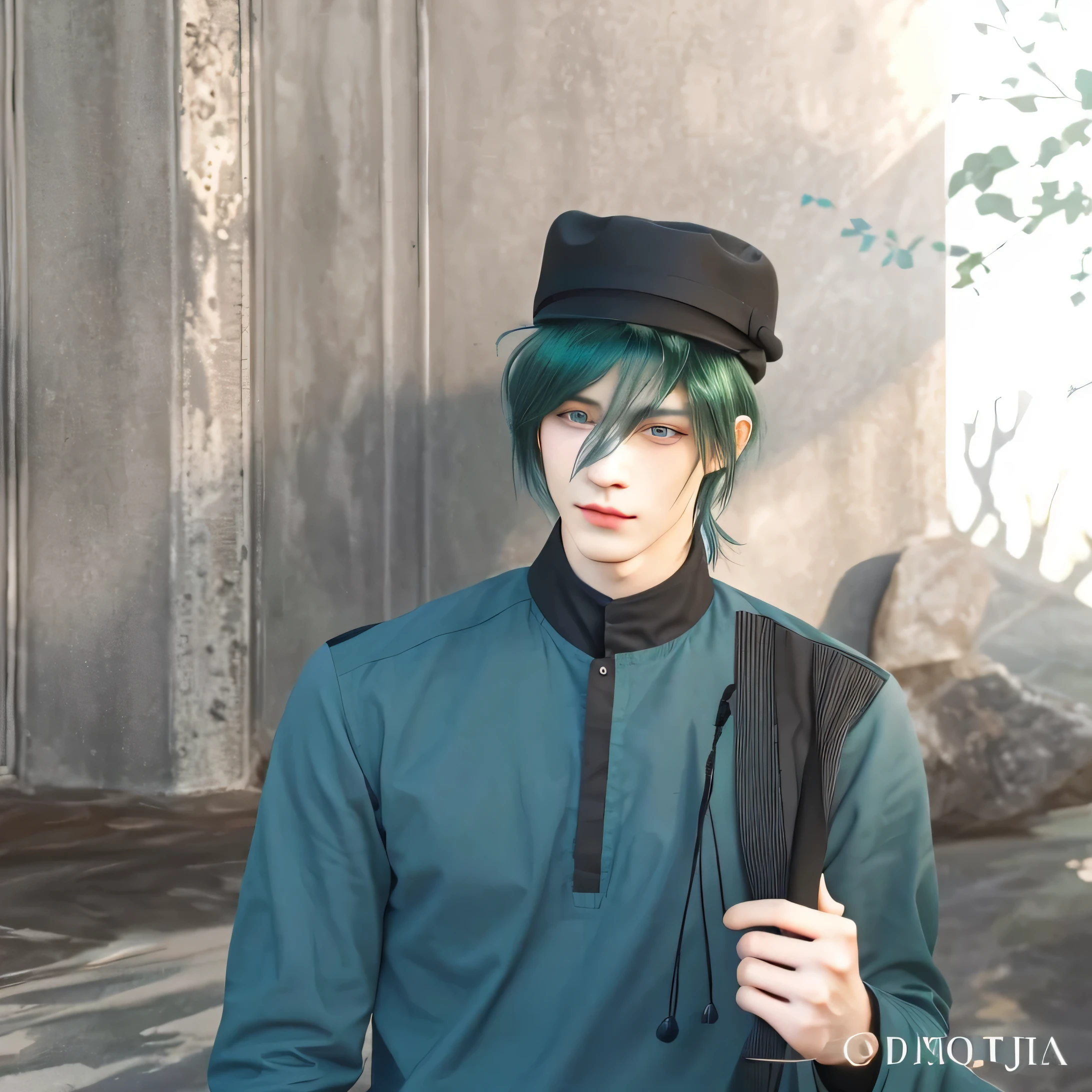 image of a man in a blue shirt and black hat,made with painter studio, in the art style of bowater,Dark green eyes, dark green hair, realistic