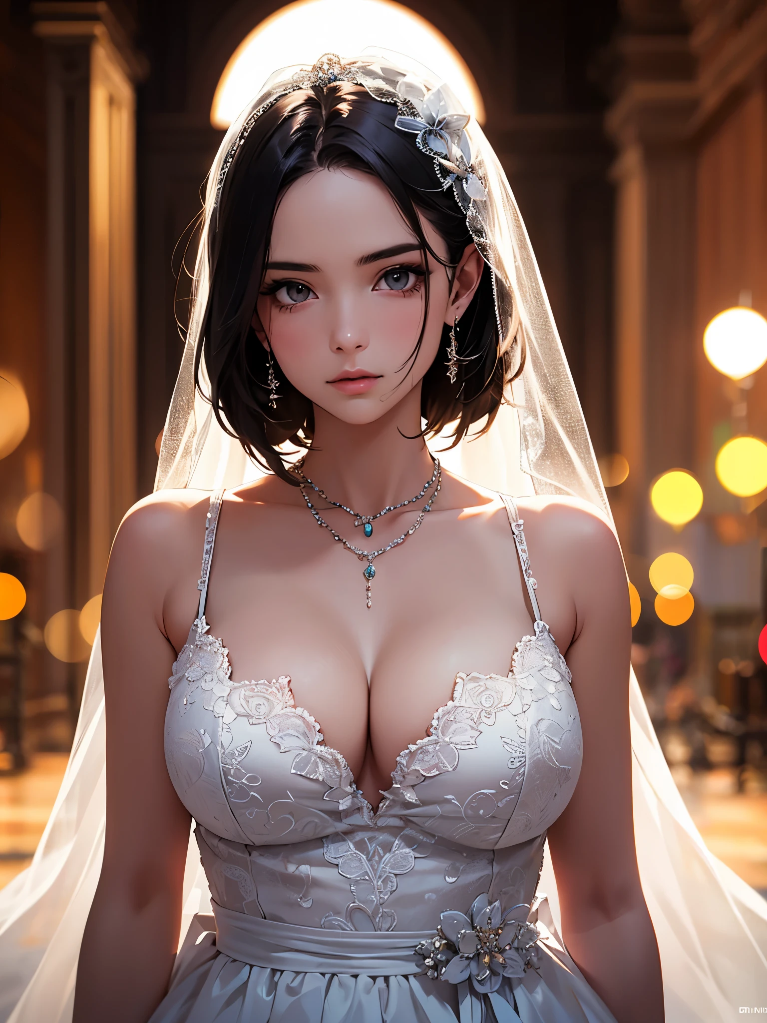 best quality, masterpiece, High resolution, a girl, Wedding dress, necklace, jewelry, pretty face, big breasts, more than_Body, Tyndall effect, lifelike, dark studio, edge lighting, two-tone lighting, (HD skin: 1.2), 8K Ultra HD, SLR camera, soft light, high quality, Volumetric lighting, frank, photography, High resolution, 4K, 8K, Bokeh,